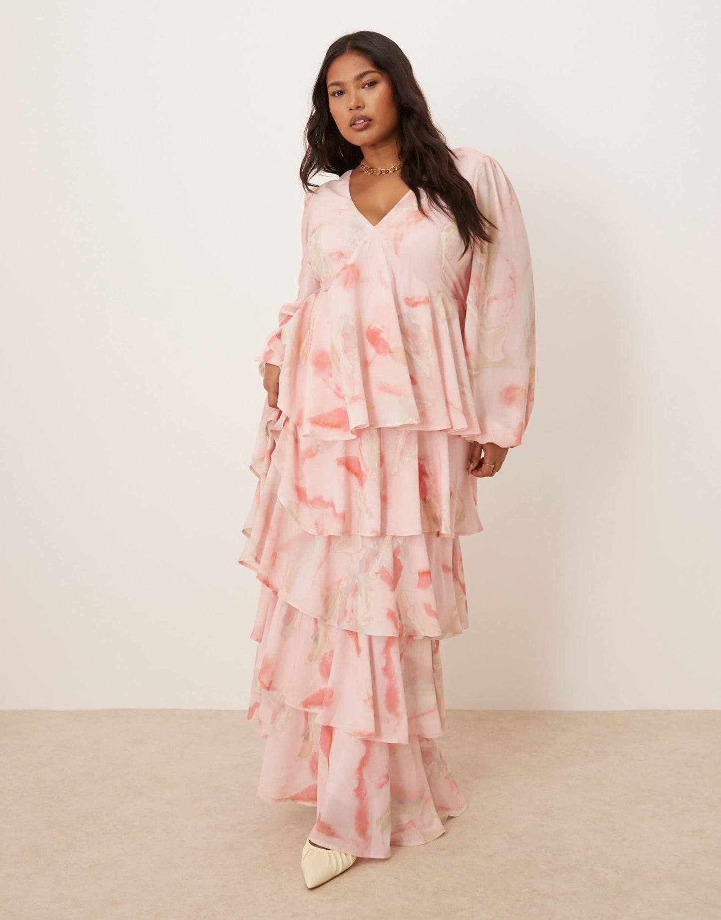 Pretty Lavish Curve long sleeve ruffle maxi dress in pink and brown ombre - ASOS Sample Sale