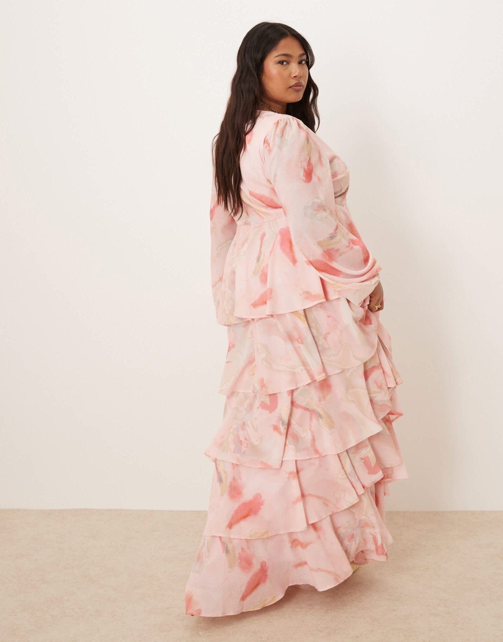 Pretty Lavish Curve long sleeve ruffle maxi dress in pink and brown ombre - ASOS Sample Sale
