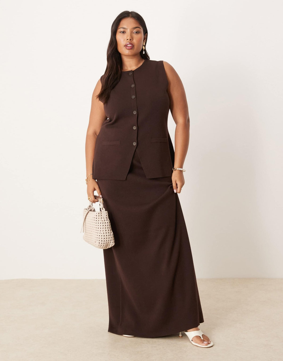 Pretty Lavish Curve longline knit waistcoat co-ord in chocolate - ASOS Sample Sale