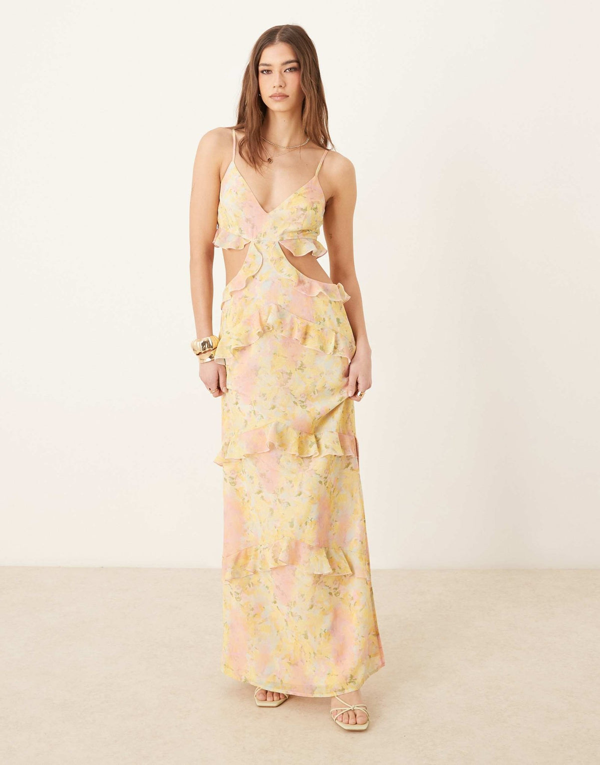 Pretty Lavish cut-out ruffle maxi dress in bright abstract floral - ASOS Sample Sale