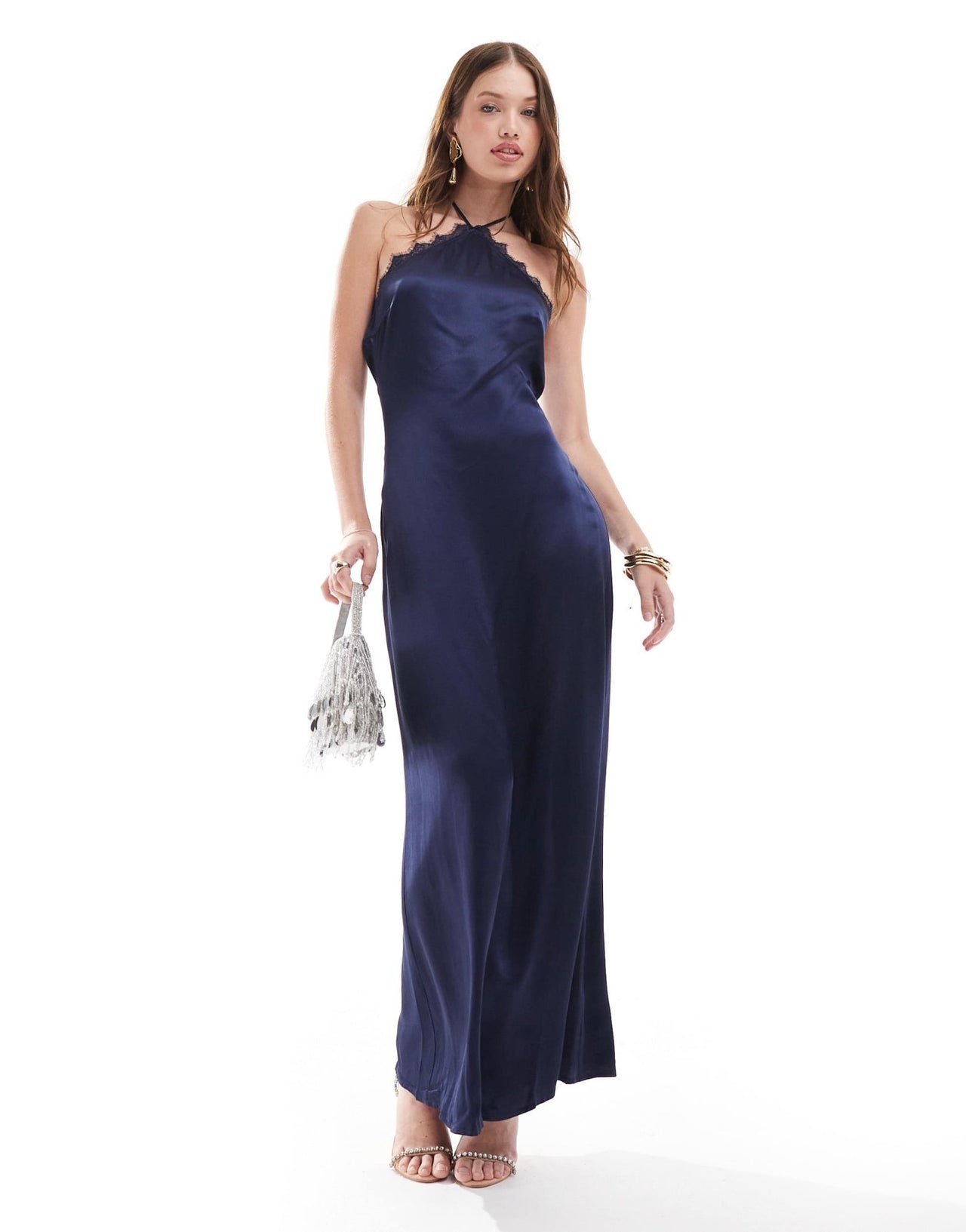 Pretty Lavish halter satin maxi dress in midnight navy - ASOS Sample Sale