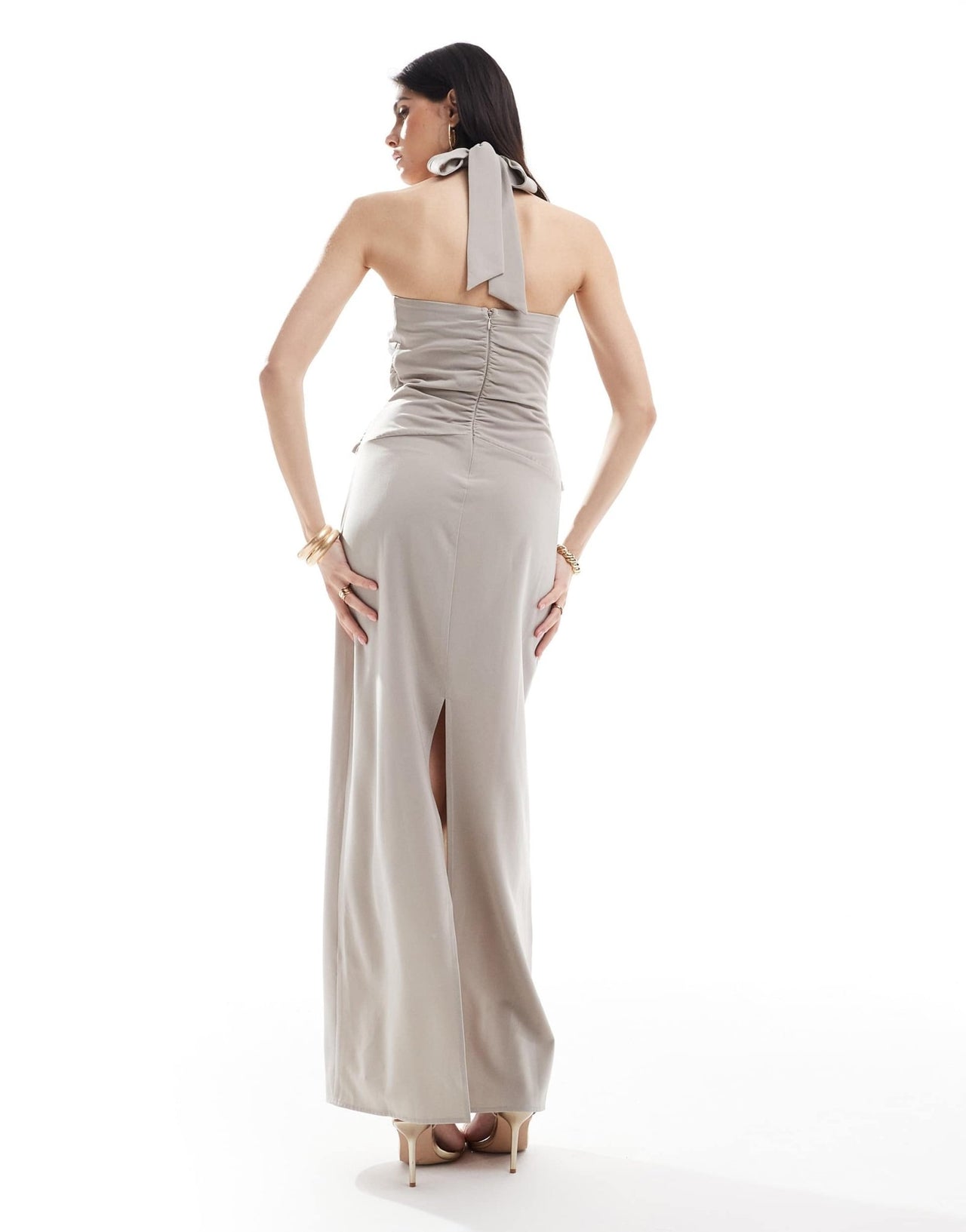 Pretty Lavish halterneck ring detail maxi dress in stone - ASOS Sample Sale