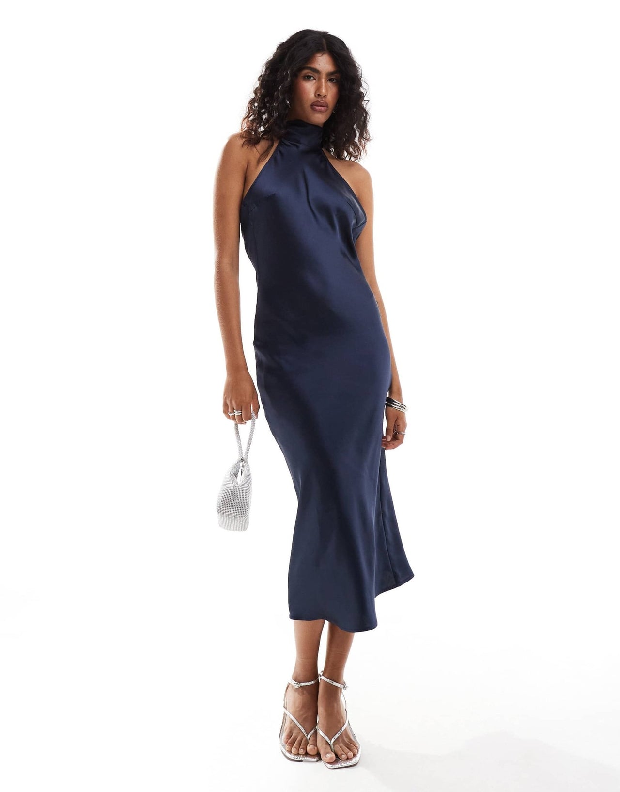 Pretty Lavish high neck satin midi dress in navy - ASOS Sample Sale