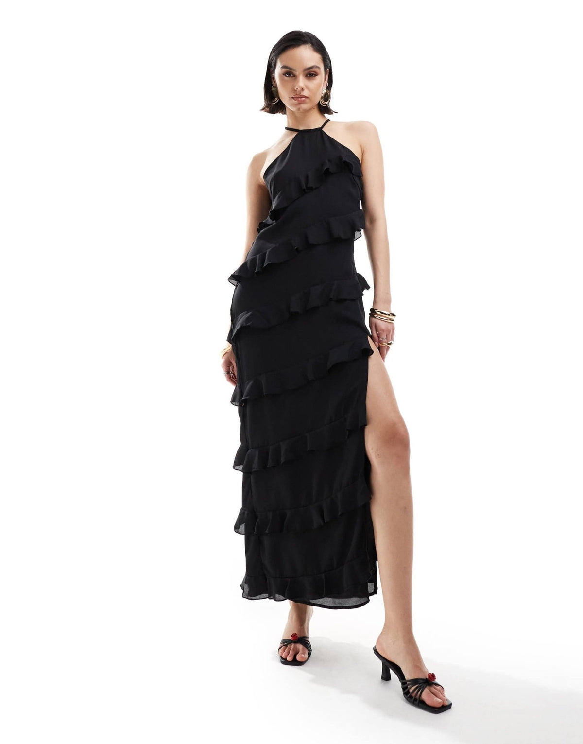 Pretty Lavish Katy ruffle midaxi dress in black - ASOS Sample Sale