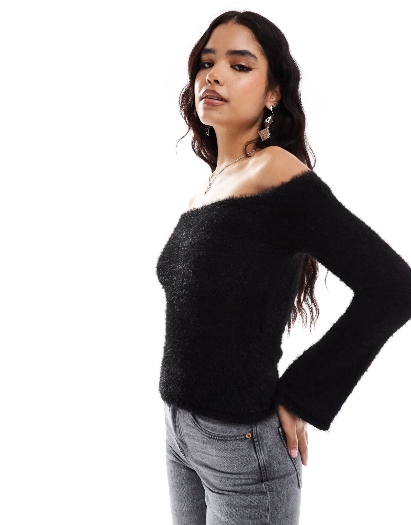 Pretty Lavish knitted bardot top in black - ASOS Sample Sale