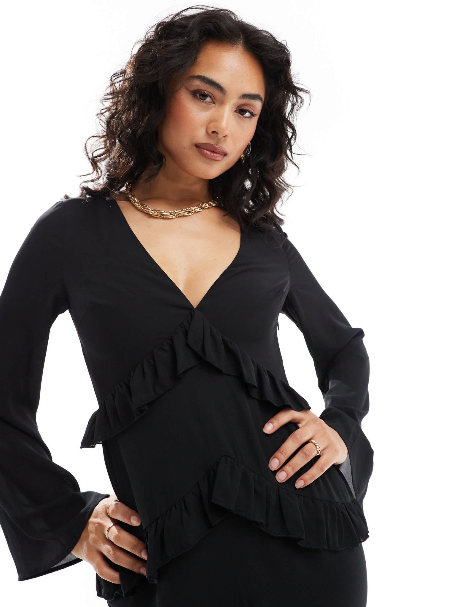 Pretty Lavish long sleeve ruffle maxi dress in black - ASOS Sample Sale