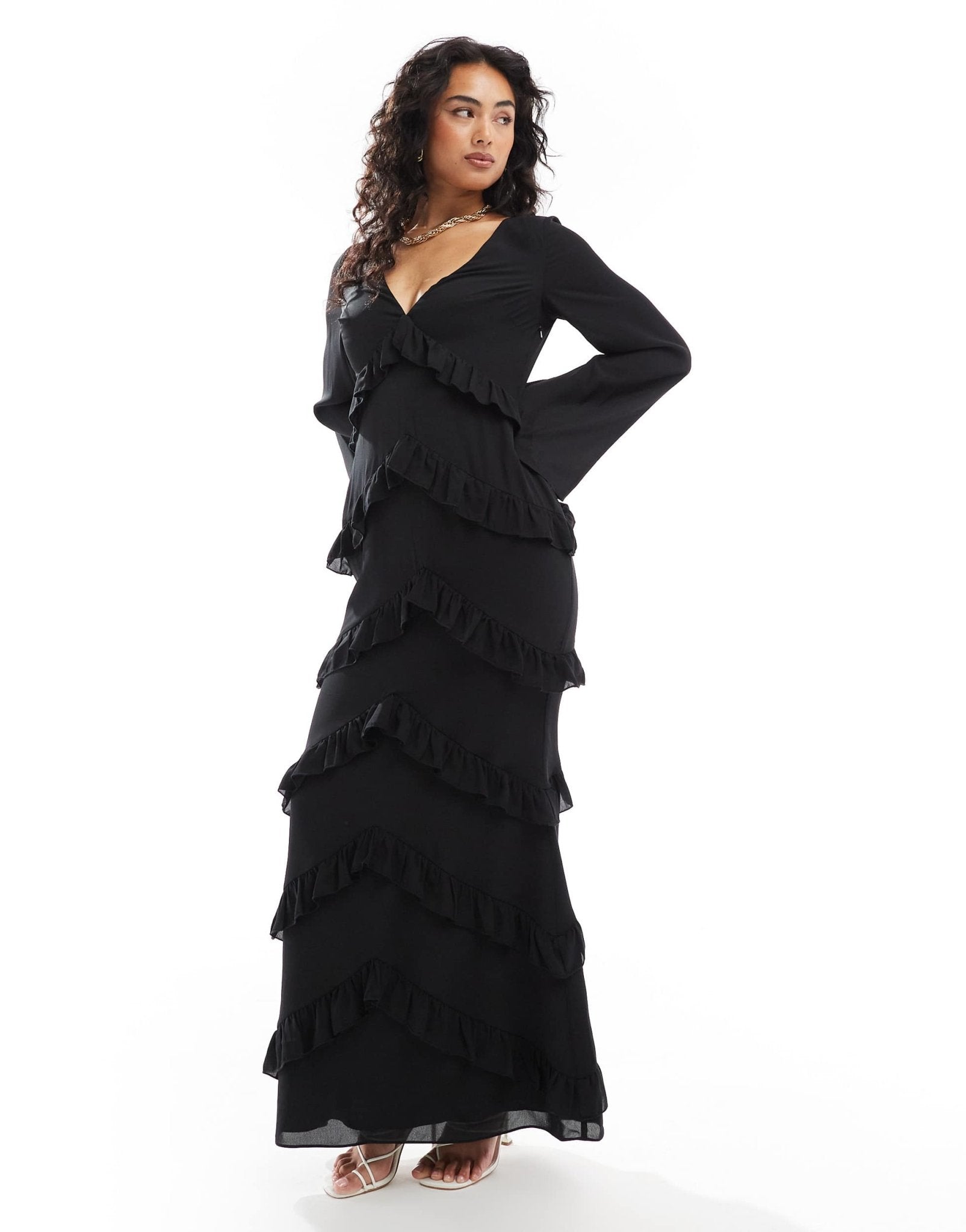 Pretty Lavish long sleeve ruffle maxi dress in black - ASOS Sample Sale