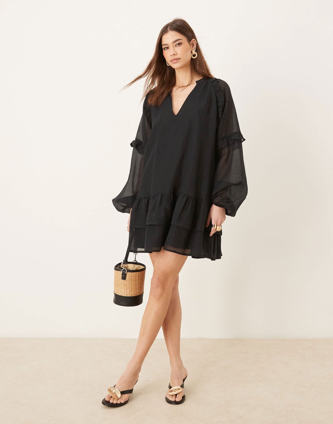 Pretty Lavish long sleeve ruffle mini dress in black - ASOS Sample Sale