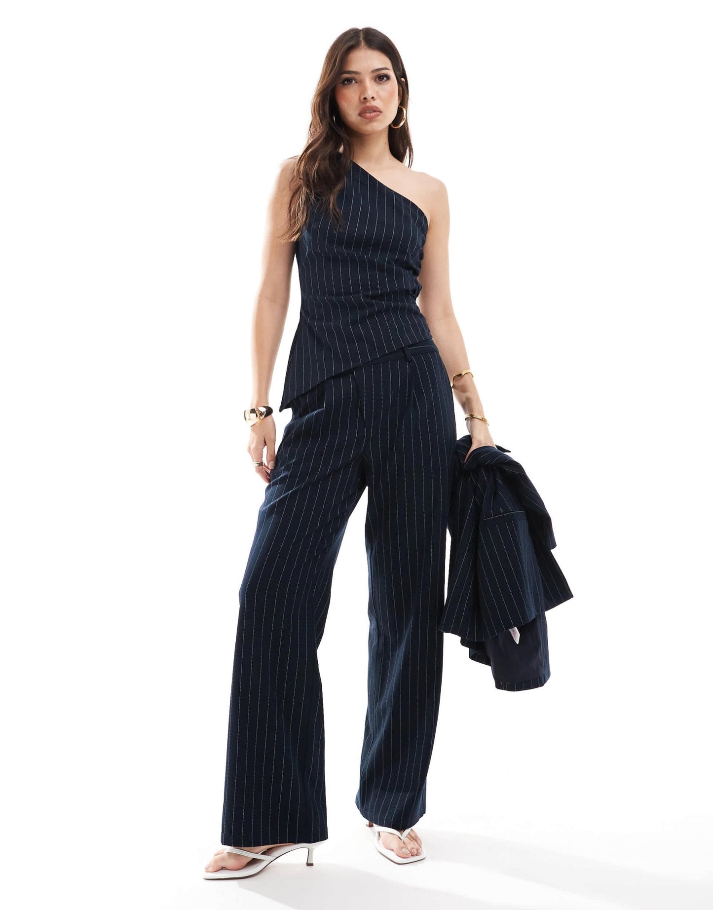 Pretty Lavish one shoulder ruched top co - ord in navy pinstripe - ASOS Sample Sale