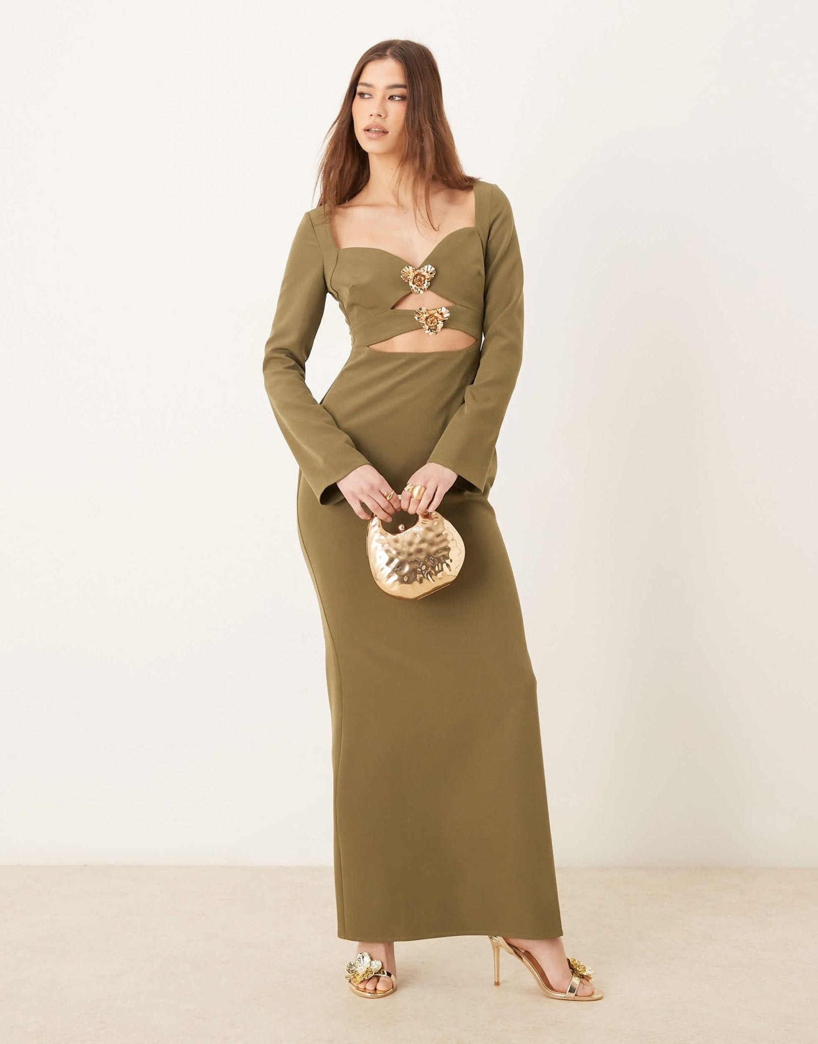 Pretty Lavish removable gold trim crepe maxi dress in olive - ASOS Sample Sale