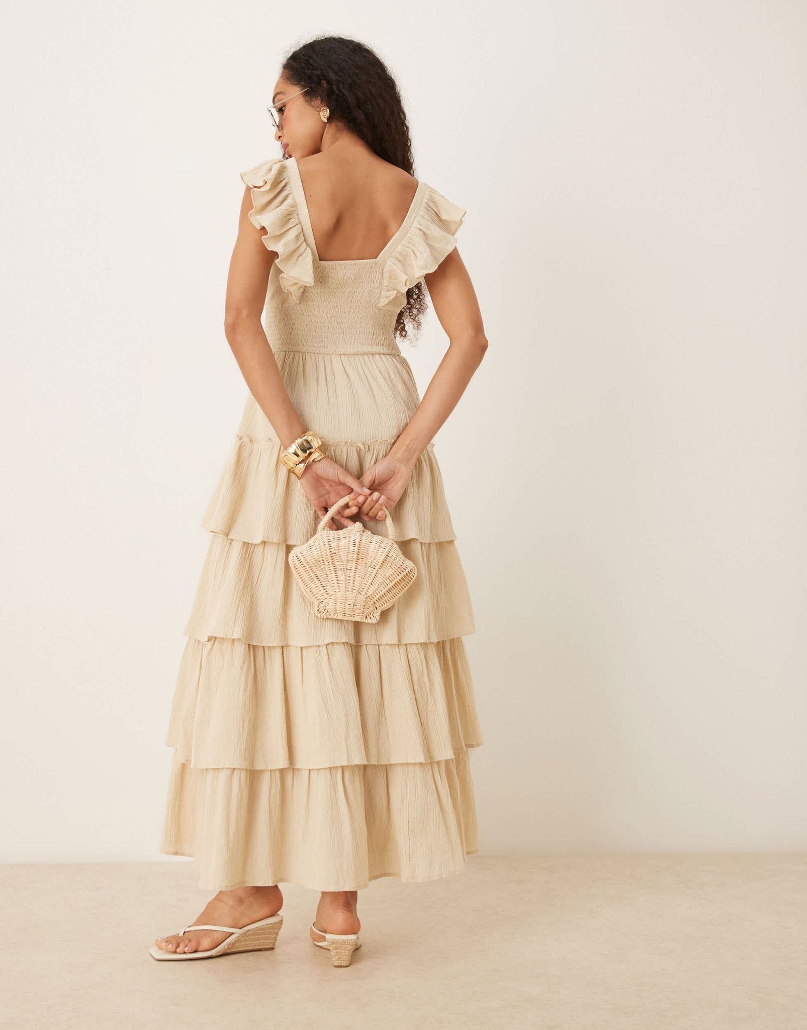 Pretty Lavish shirred ruffle maxi dress in sand - ASOS Sample Sale