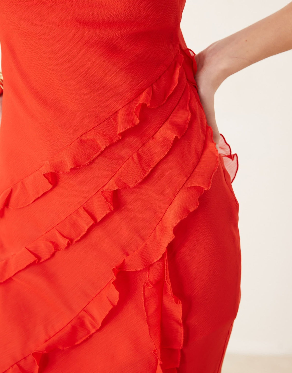 Pretty Lavish textured asymmetric ruffle maxi dress in bright red - ASOS Sample Sale