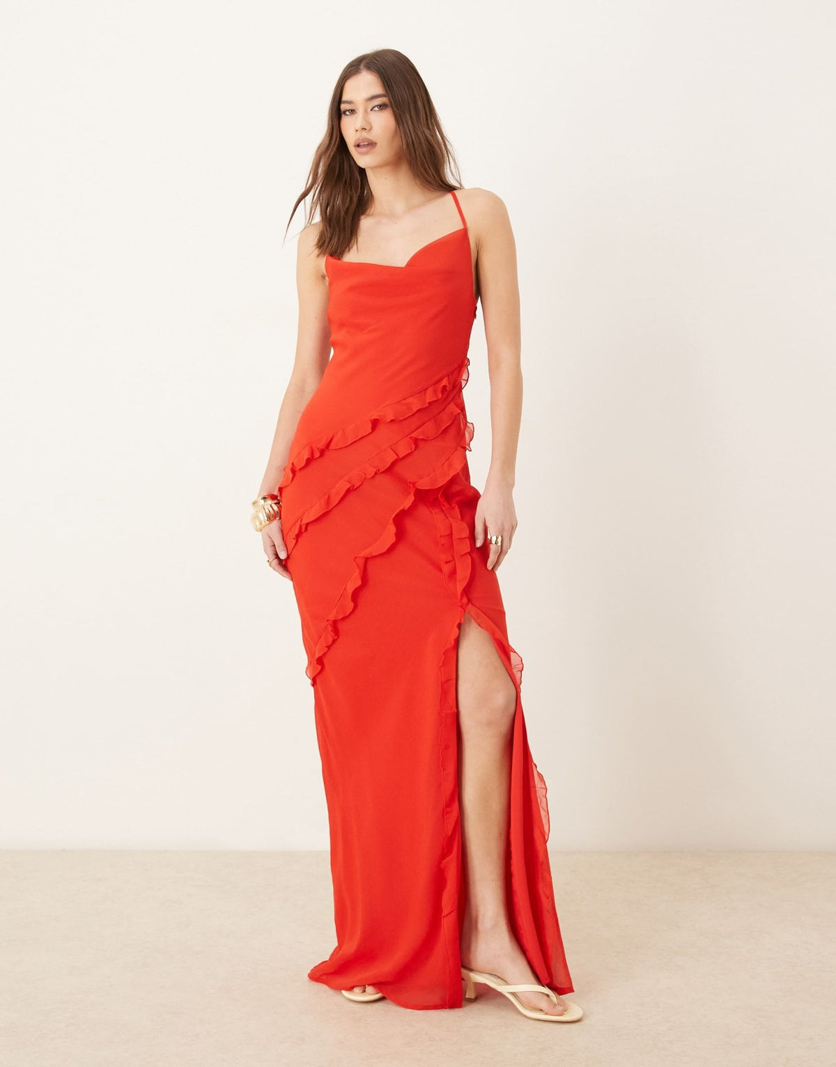 Pretty Lavish textured asymmetric ruffle maxi dress in bright red - ASOS Sample Sale