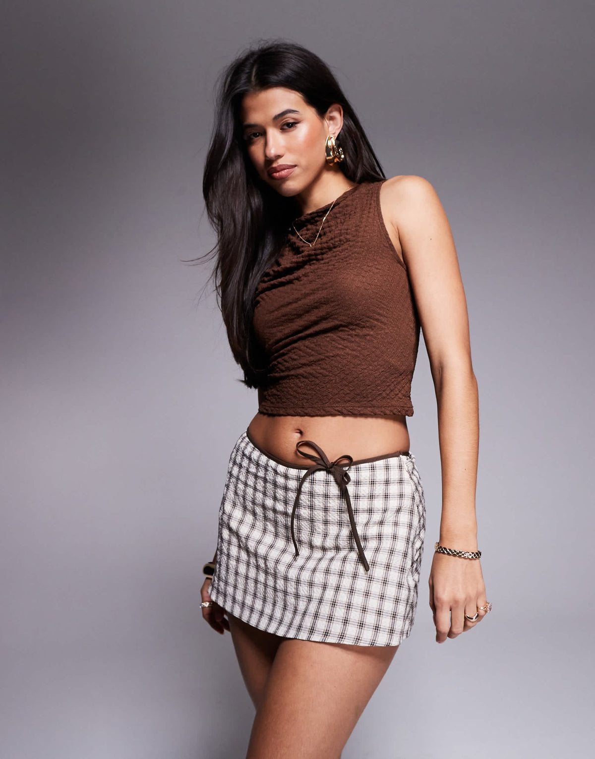 Princess Polly bow detail mini skirt in brown check - ASOS Sample Sale