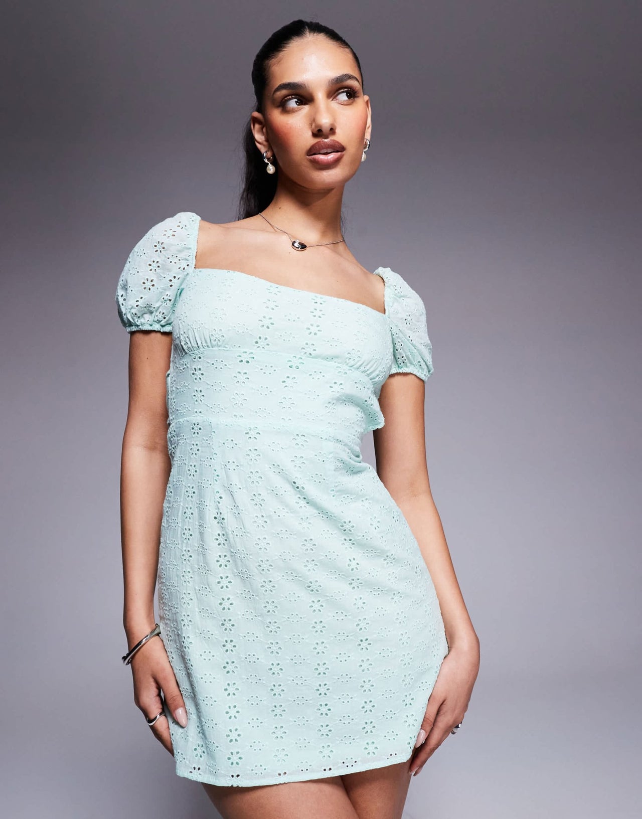 Princess Polly broderie puff sleeve open tie back mini dress in turquoise - ASOS Sample Sale