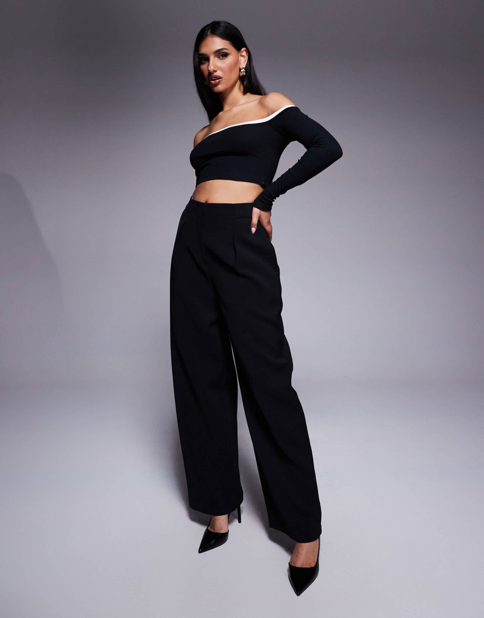 Princess Polly contrast edge bardot long sleeve crop top in black mono - ASOS Sample Sale
