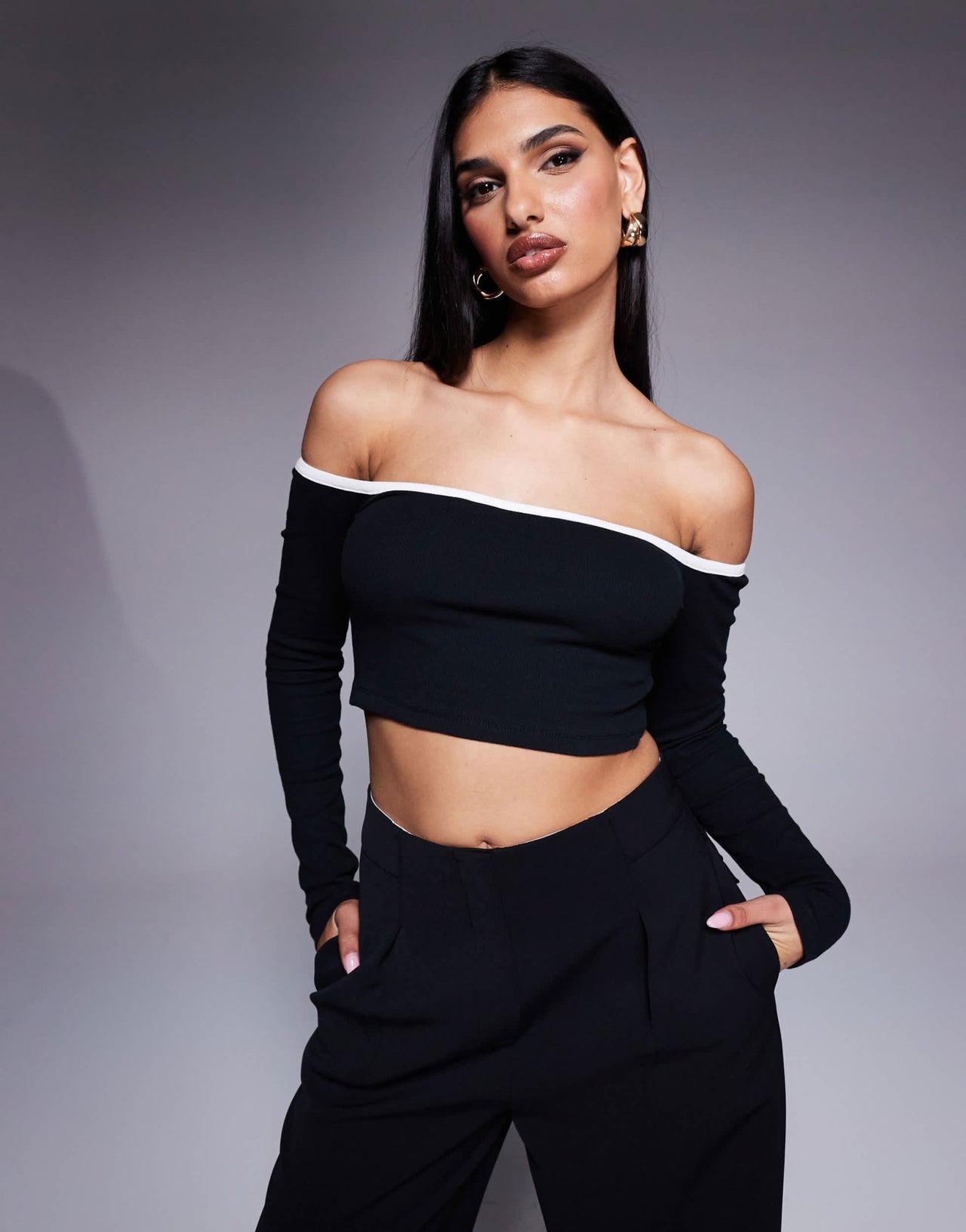 Princess Polly contrast edge bardot long sleeve crop top in black mono - ASOS Sample Sale