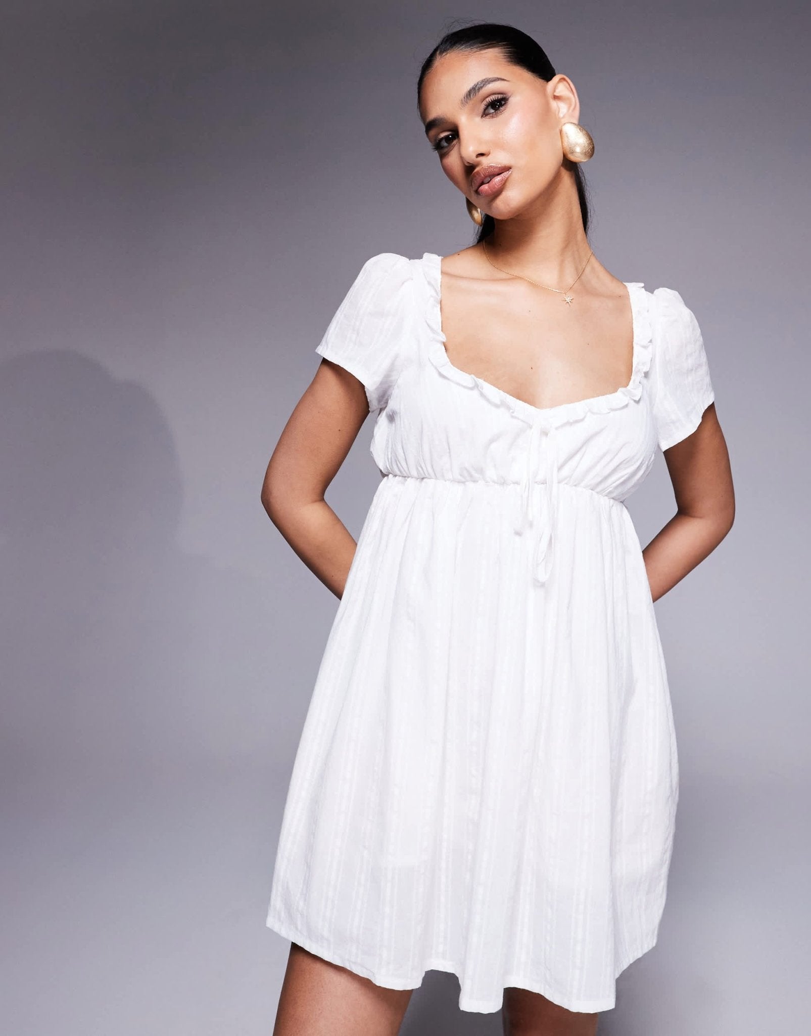 Princess Polly cotton puff sleeve sweetheart neckline tie detail mini dress in white - ASOS Sample Sale
