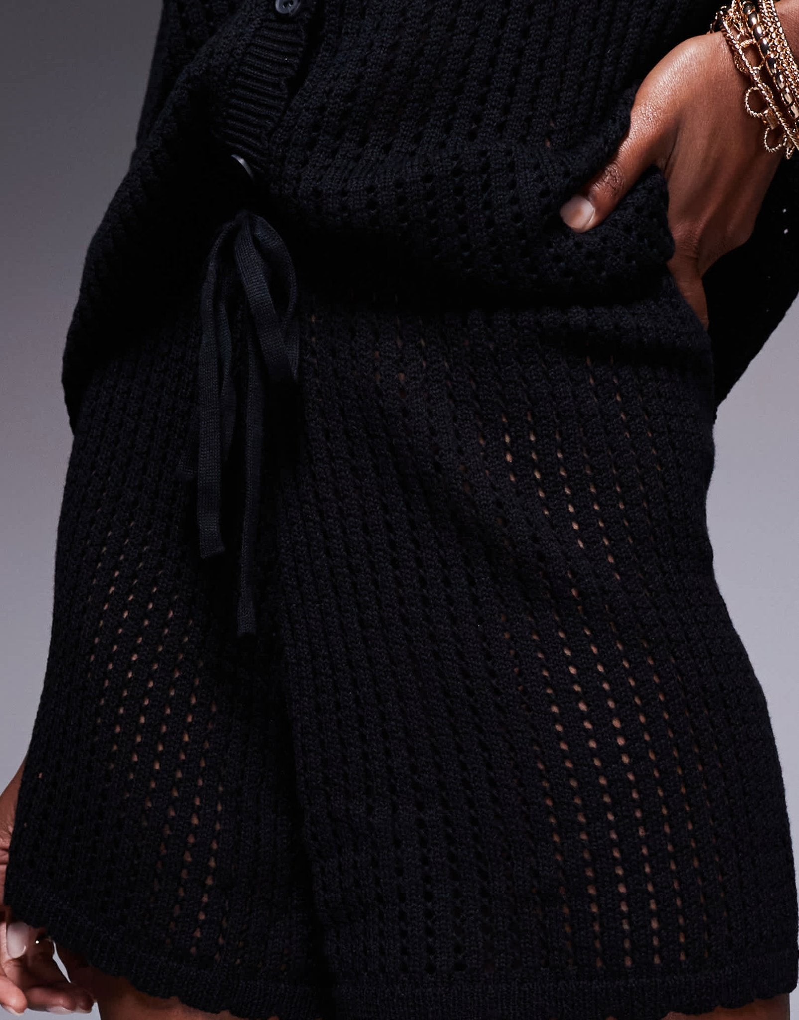 Princess Polly crochet scallop trim button front shirt and shorts full set in black - ASOS Sample Sale