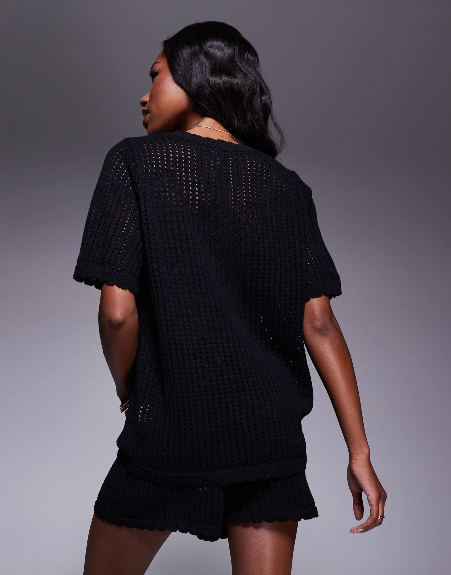 Princess Polly crochet scallop trim button front shirt and shorts full set in black - ASOS Sample Sale