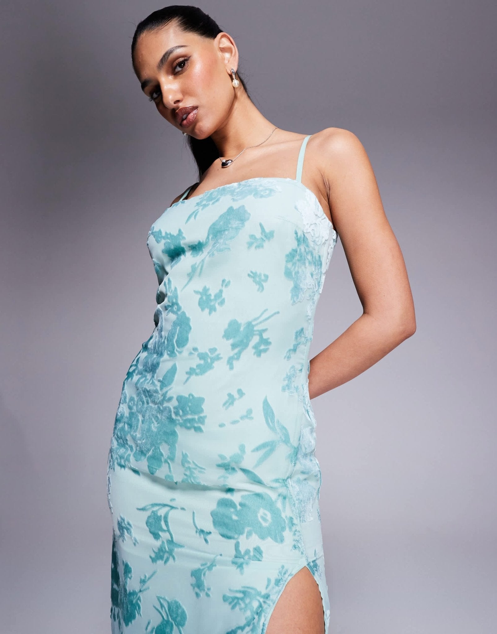 Princess Polly devore square neck thigh split maxi dress in green floral - ASOS Sample Sale
