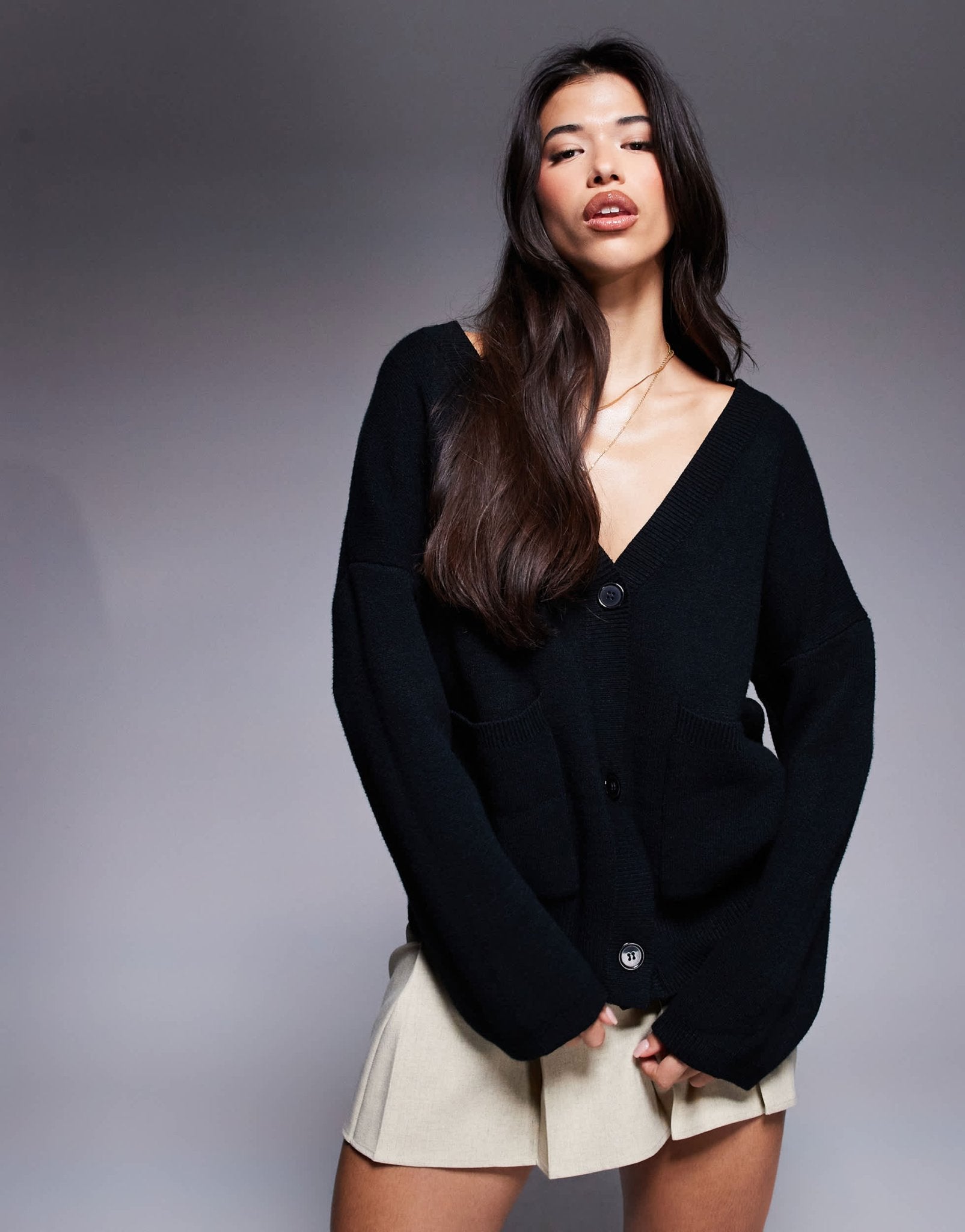 Princess Polly dropped shoulder v neck pocket detail cardigan in black - ASOS Sample Sale