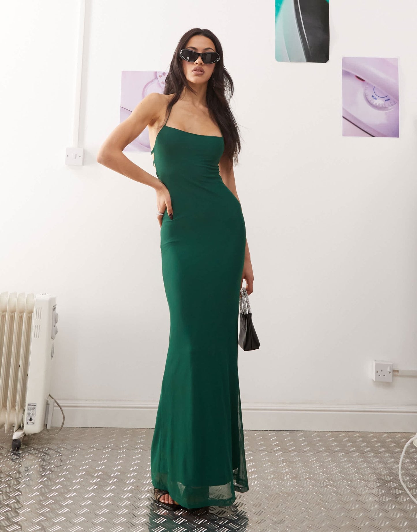 Princess Polly halterneck open back diamante buckle strap detail mesh maxi dress in emerald green - ASOS Sample Sale