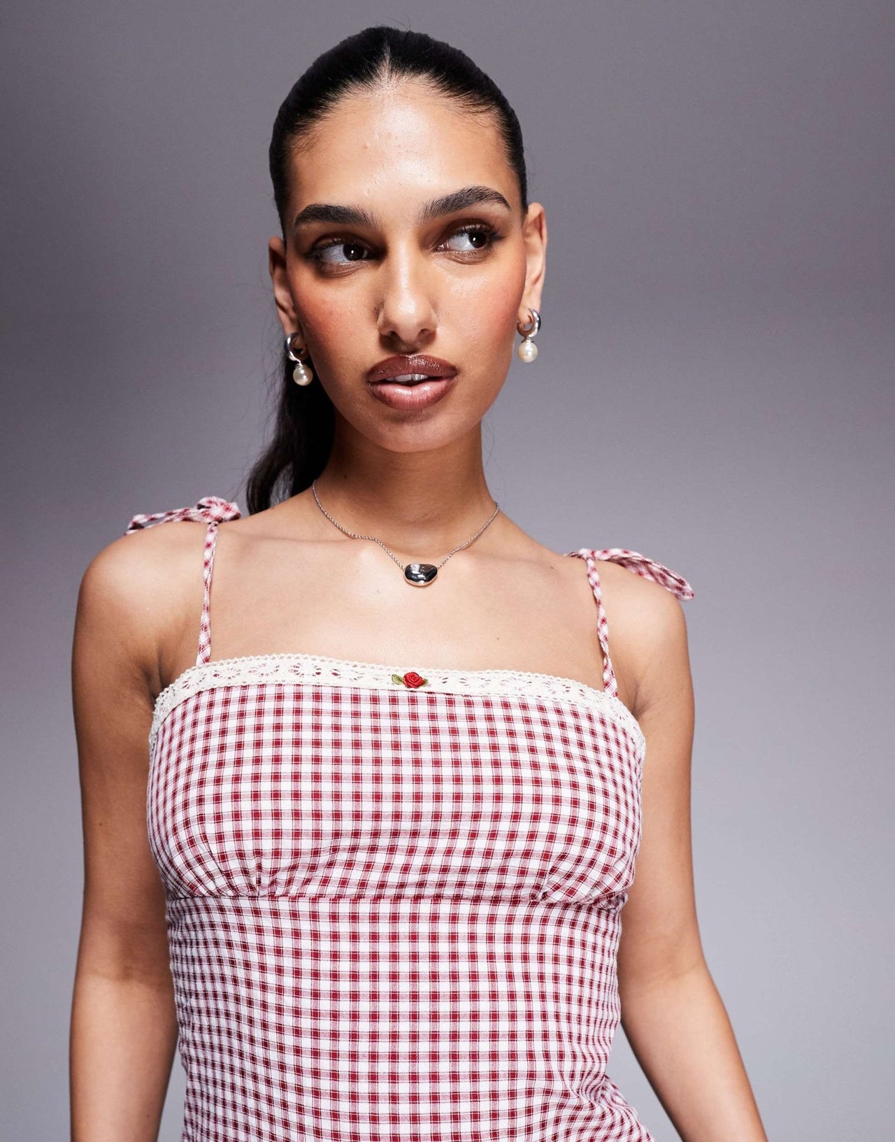 Princess Polly lace trim flower detail tie shoulder mini dress in red and white gingham - ASOS Sample Sale
