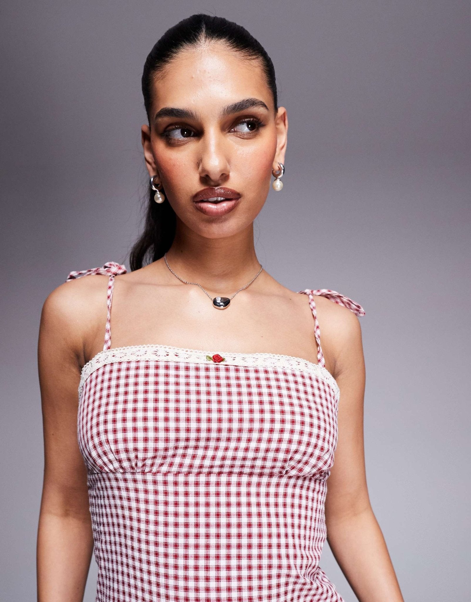 Princess Polly lace trim flower detail tie shoulder mini dress in red and white gingham - ASOS Sample Sale