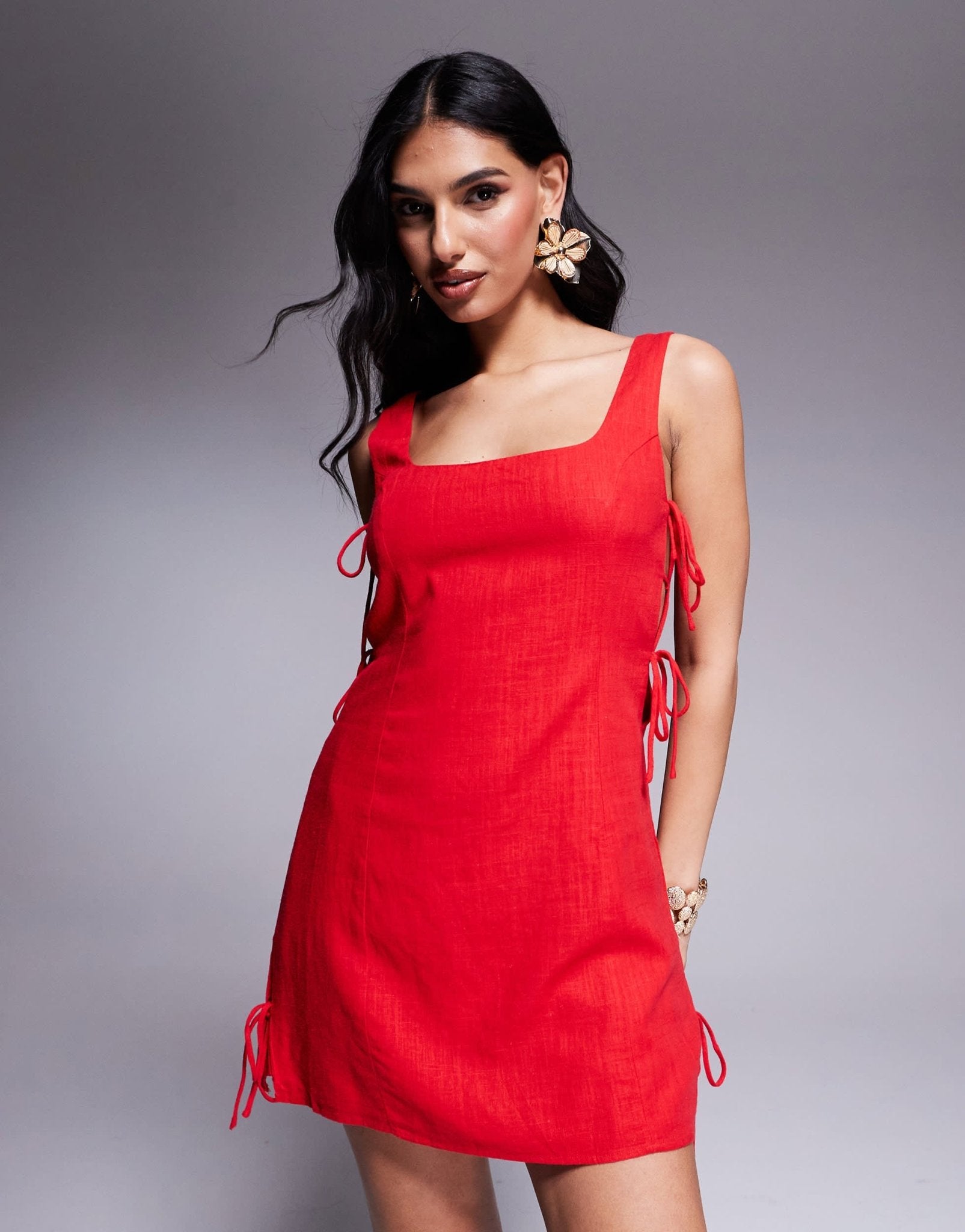 Princess Polly linen look square neck open tie side mini dress in red - ASOS Sample Sale