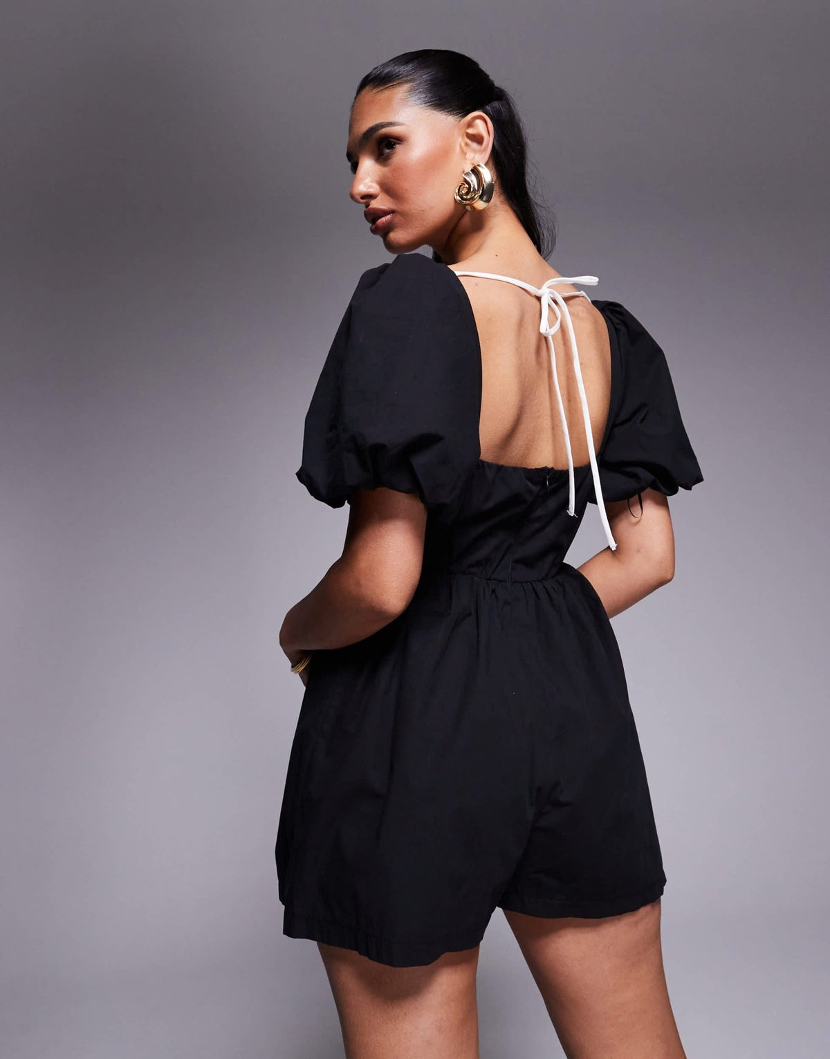 Princess Polly Maelle cotton blend puff sleeve contrast tie front open back playsuit in black and white - ASOS Sample Sale