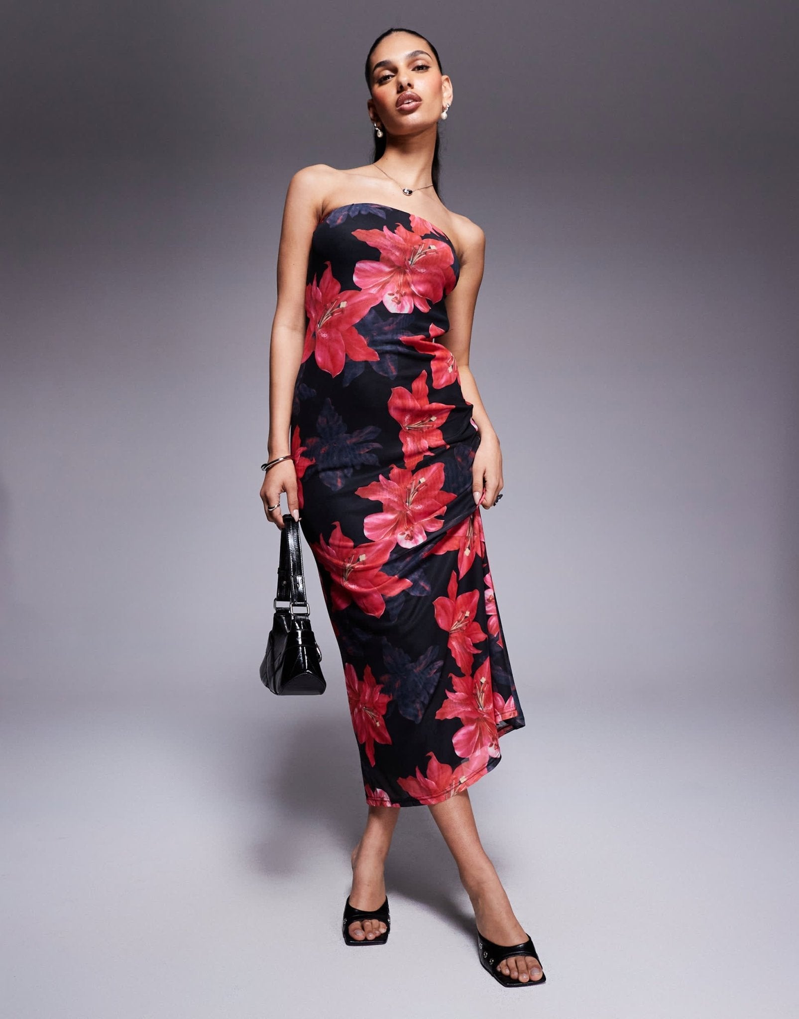 Princess Polly mesh bandeau maxi dress in red and black flower print - ASOS Sample Sale