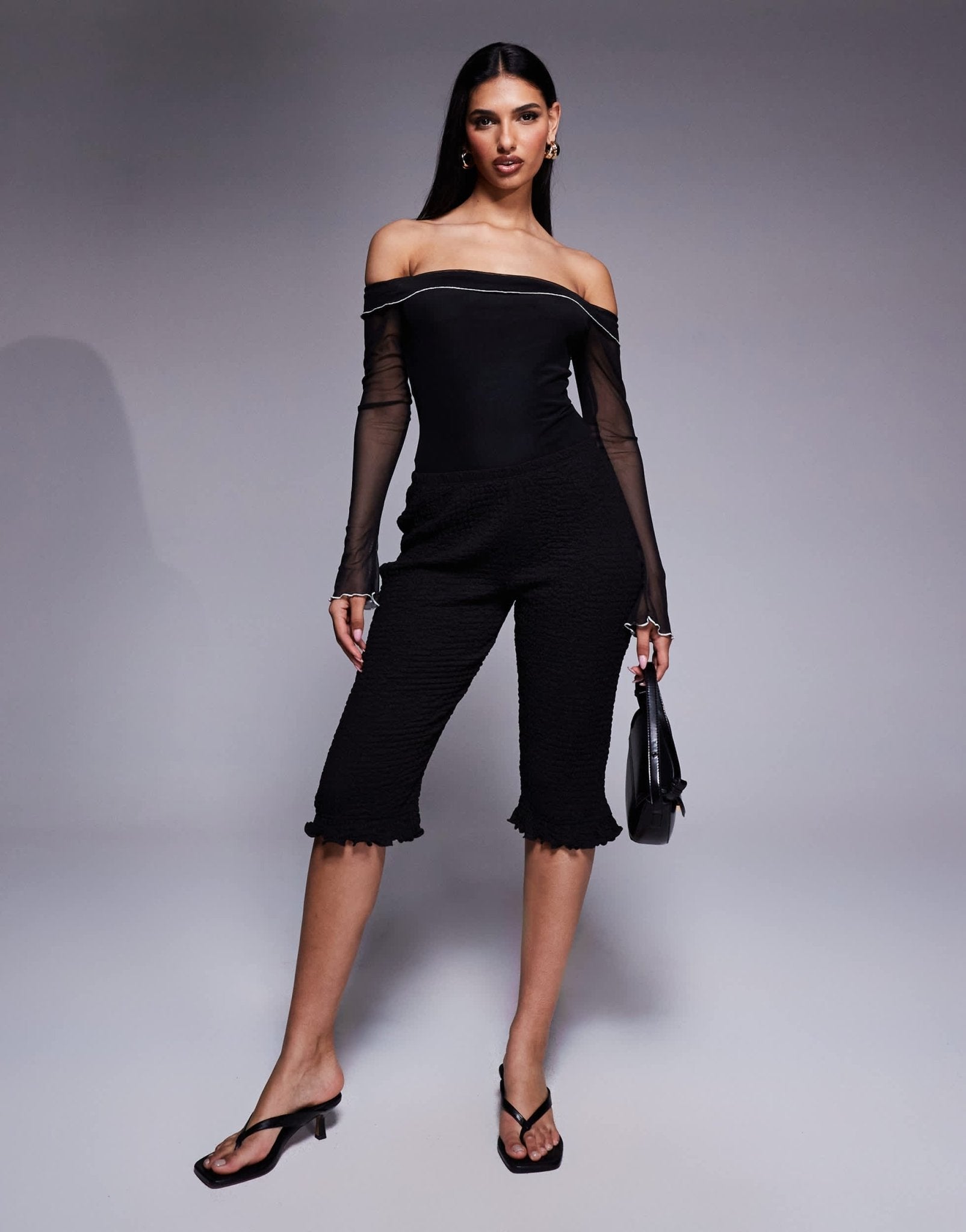 Princess Polly mesh contrast ruffle detail bardot body in black - ASOS Sample Sale