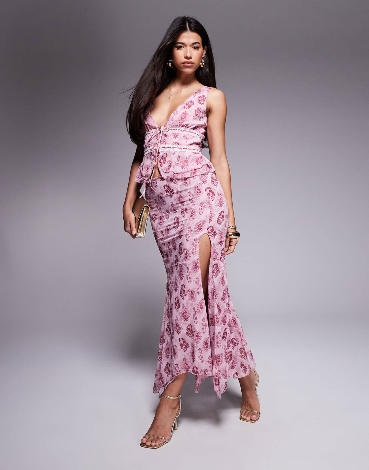Princess Polly Nikolise chiffon asymmetric hem maxi skirt co-ord in pink paisley floral - ASOS Sample Sale
