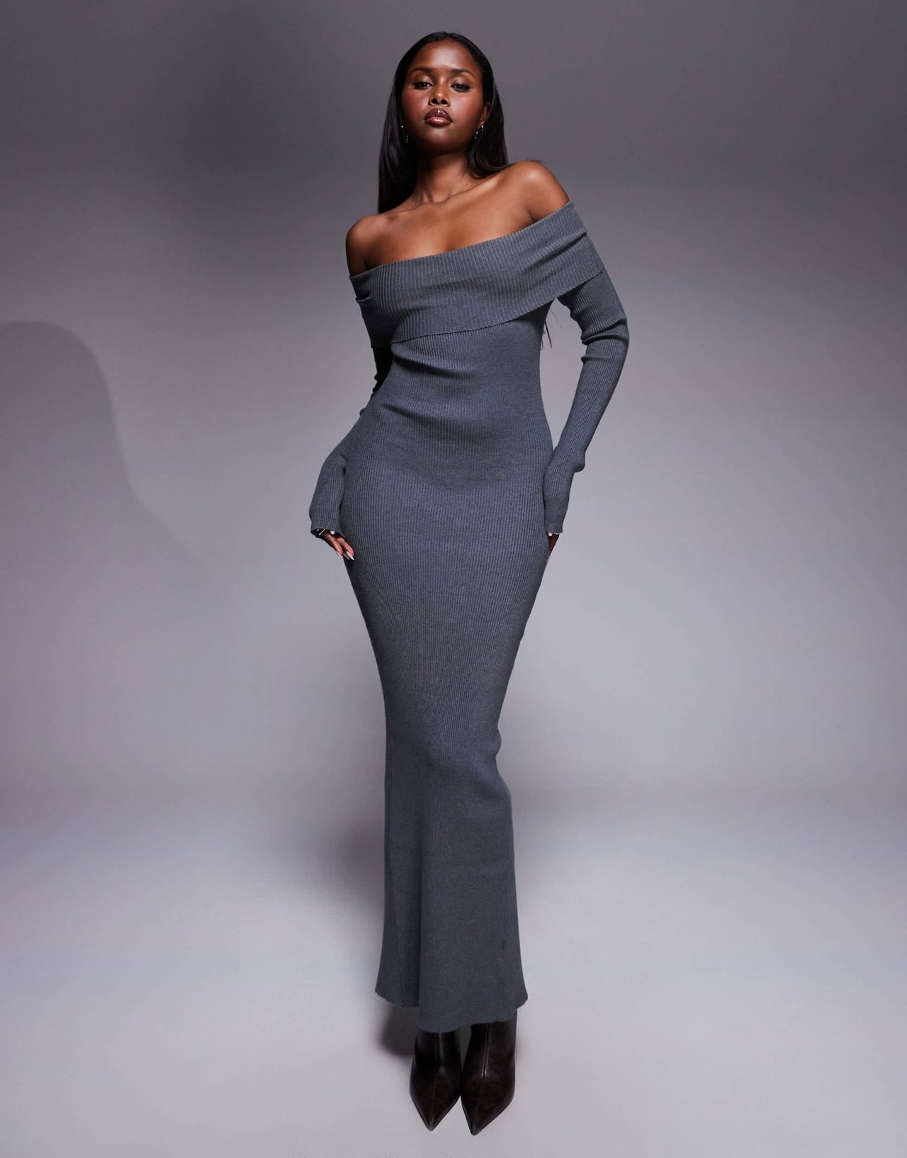 Princess Polly Phylis foldover bardot ribbed knit back split maxi dress in charcoal - ASOS Sample Sale