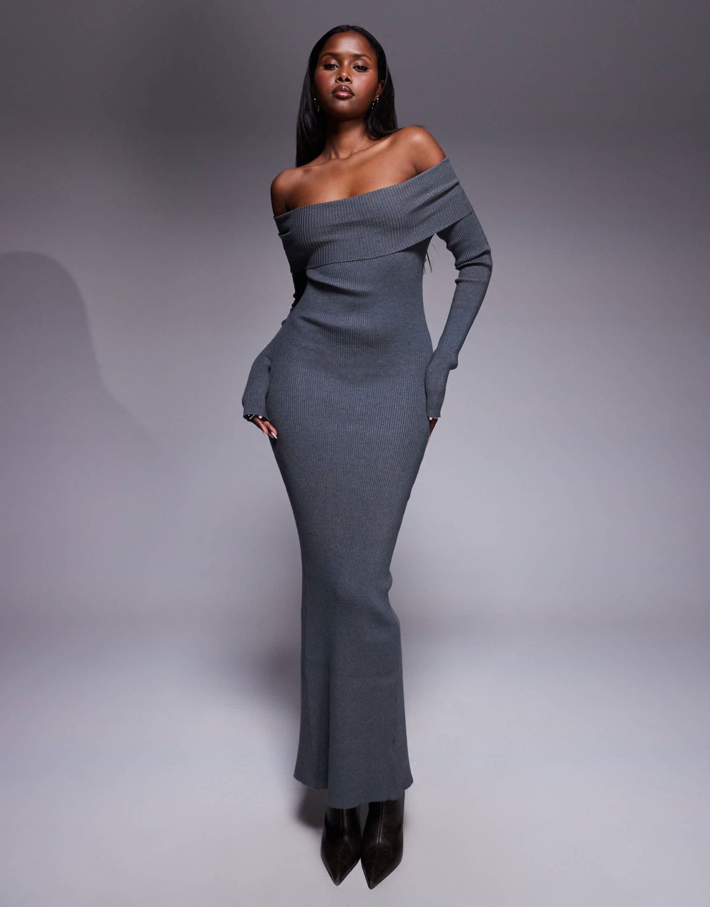 Princess Polly Phylis foldover bardot ribbed knit back split maxi dress in charcoal - ASOS Sample Sale