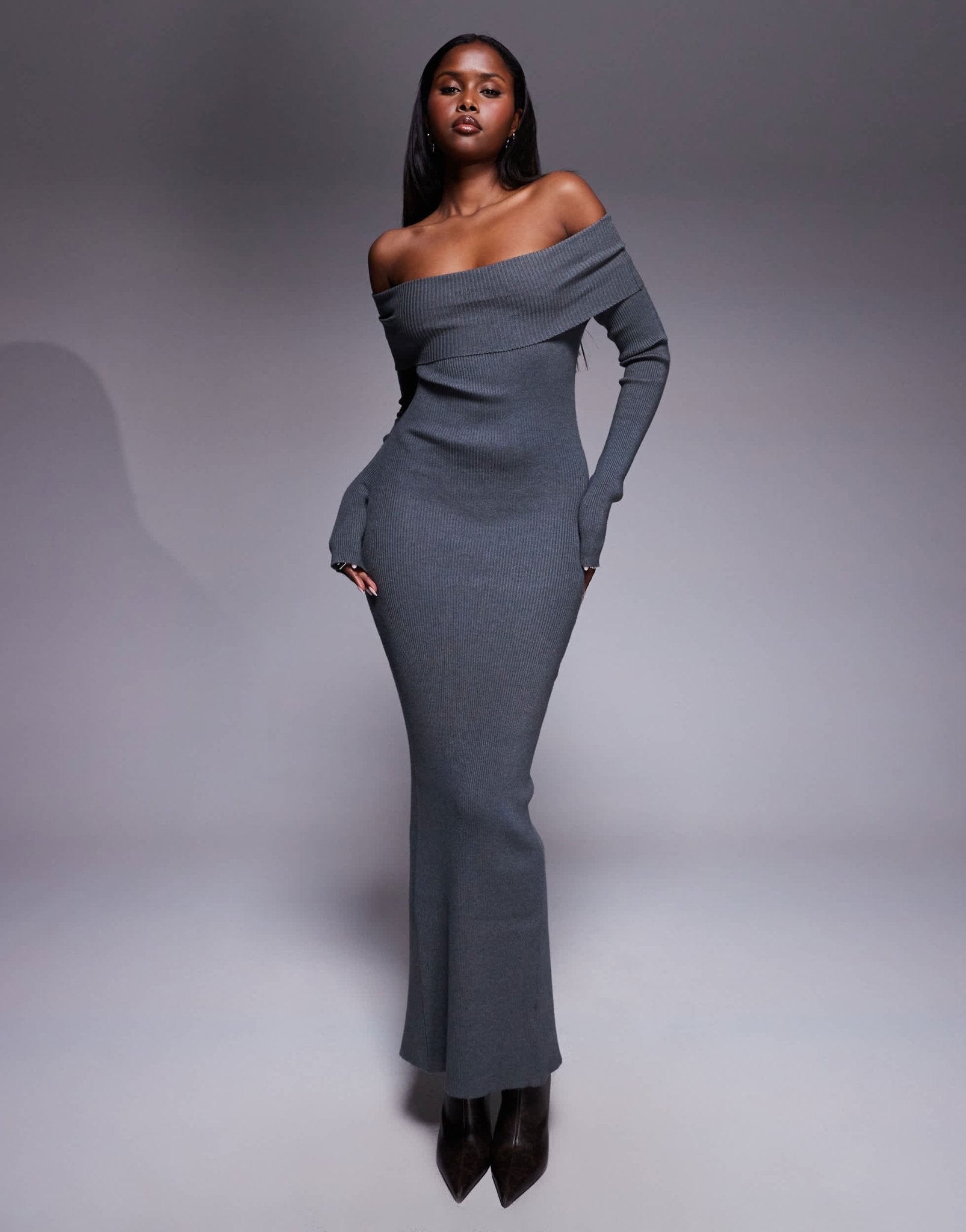 Princess Polly Phylis foldover bardot ribbed knit back split maxi dress in charcoal - ASOS Sample Sale