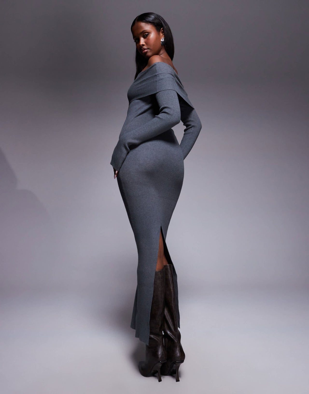 Princess Polly Phylis foldover bardot ribbed knit back split maxi dress in charcoal - ASOS Sample Sale