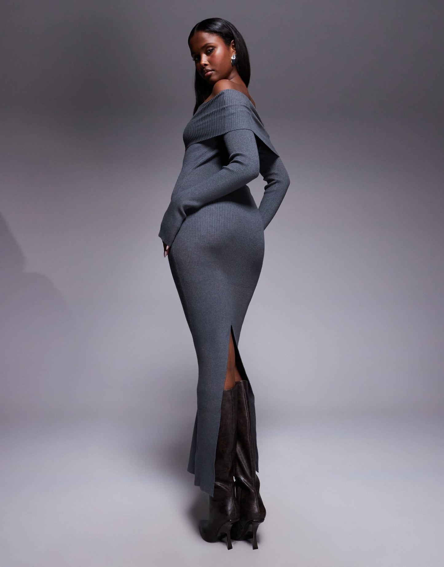 Princess Polly Phylis foldover bardot ribbed knit back split maxi dress in charcoal - ASOS Sample Sale