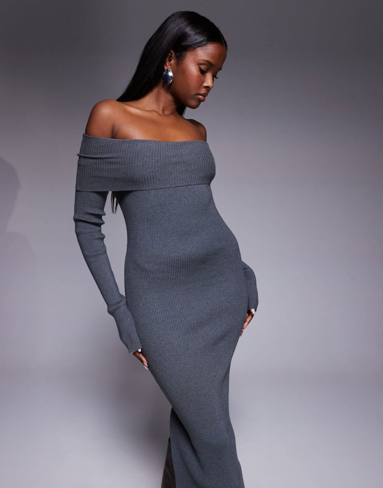 Princess Polly Phylis foldover bardot ribbed knit back split maxi dress in charcoal - ASOS Sample Sale