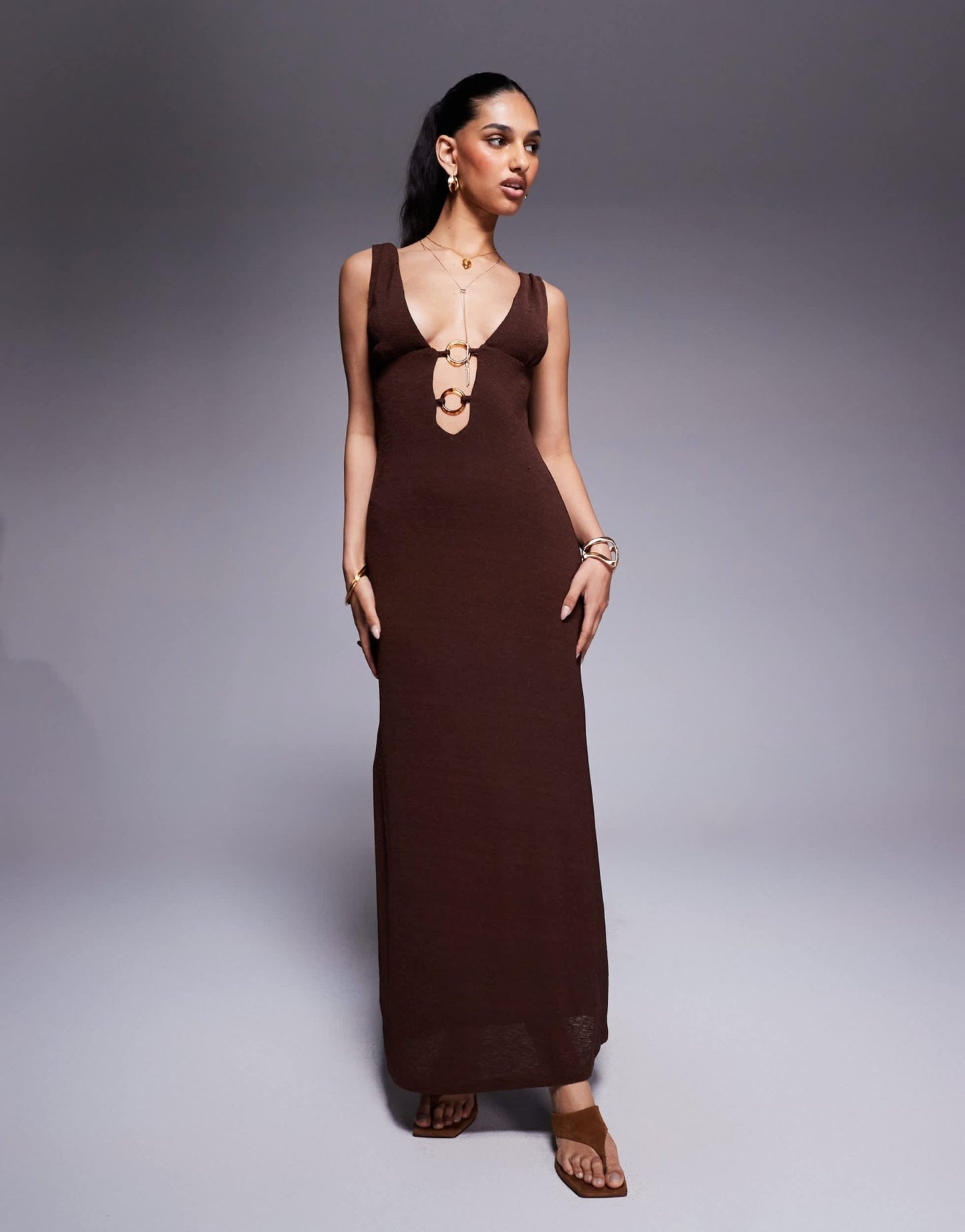 Princess Polly plunge neck ring detail maxi dress in chocolate - ASOS Sample Sale