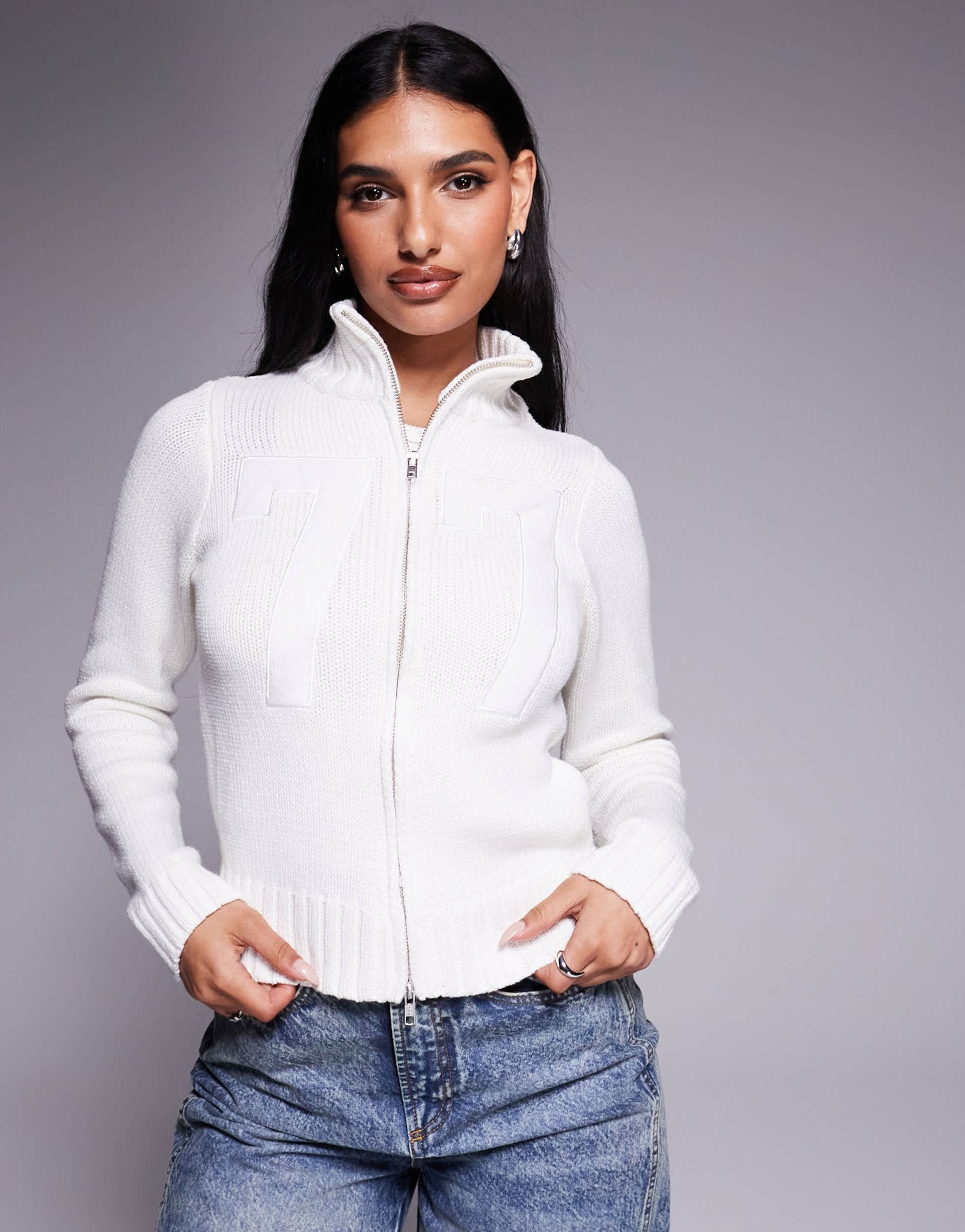 Princess Polly ribbed knit high neck zip through cardigan in white - ASOS Sample Sale