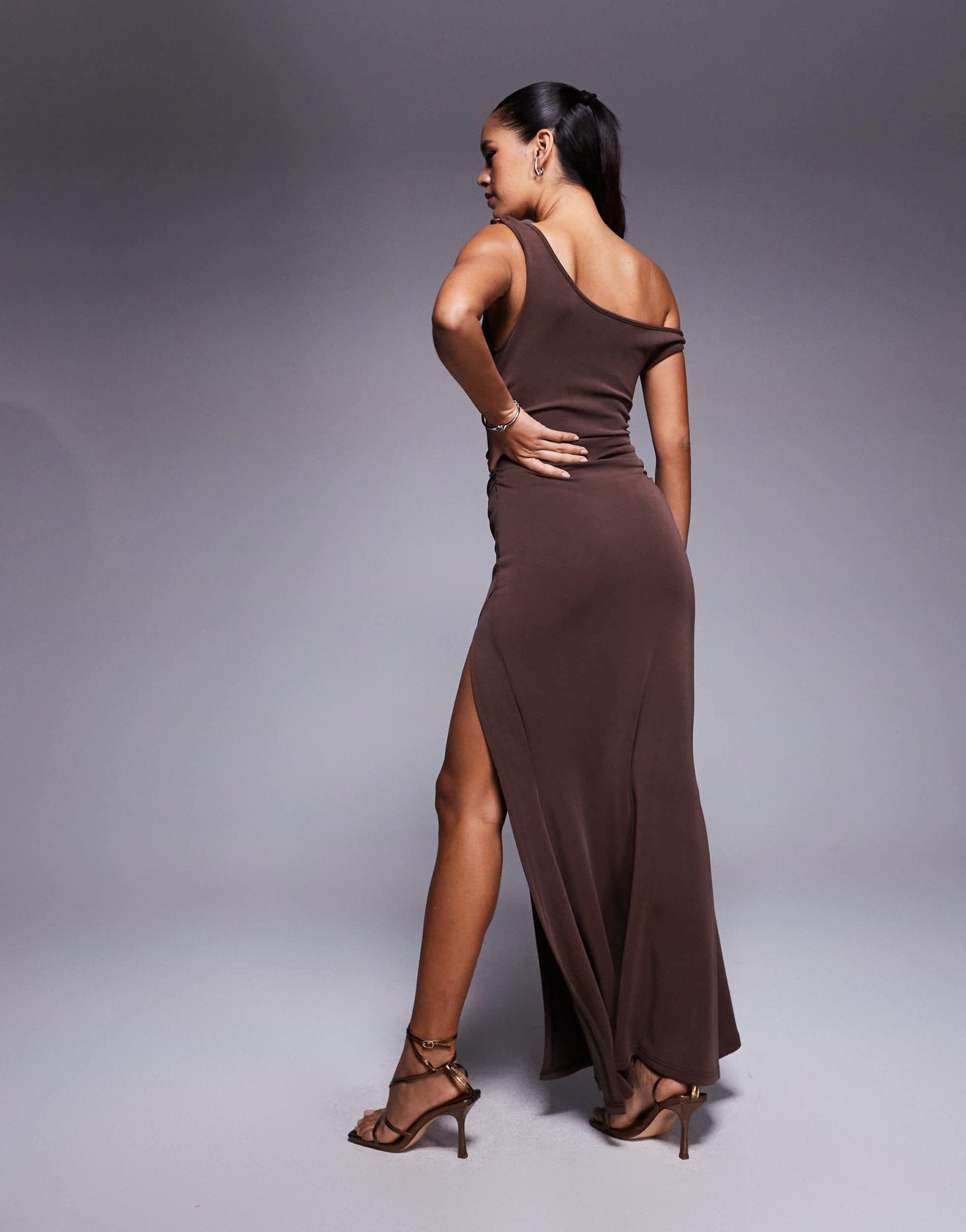 Princess Polly Rios metal detail one shoulder thigh split maxi dress in mocha brown - ASOS Sample Sale