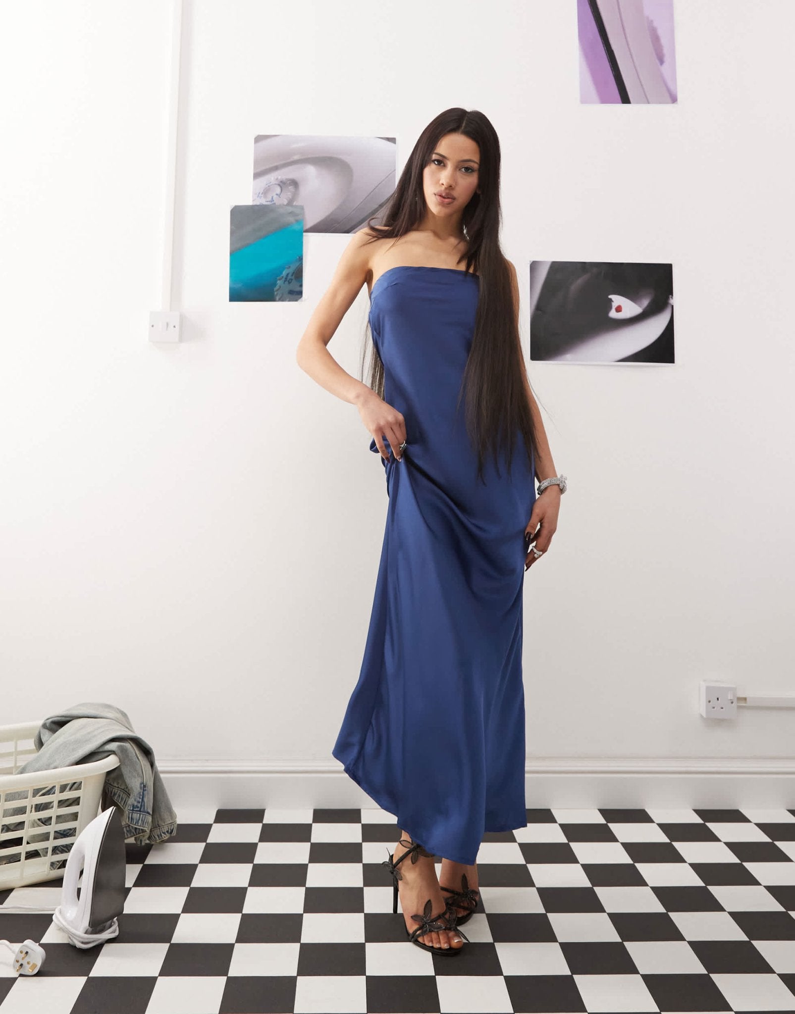 Princess Polly satin bandeau cowl tie back maxi dress in blue - ASOS Sample Sale