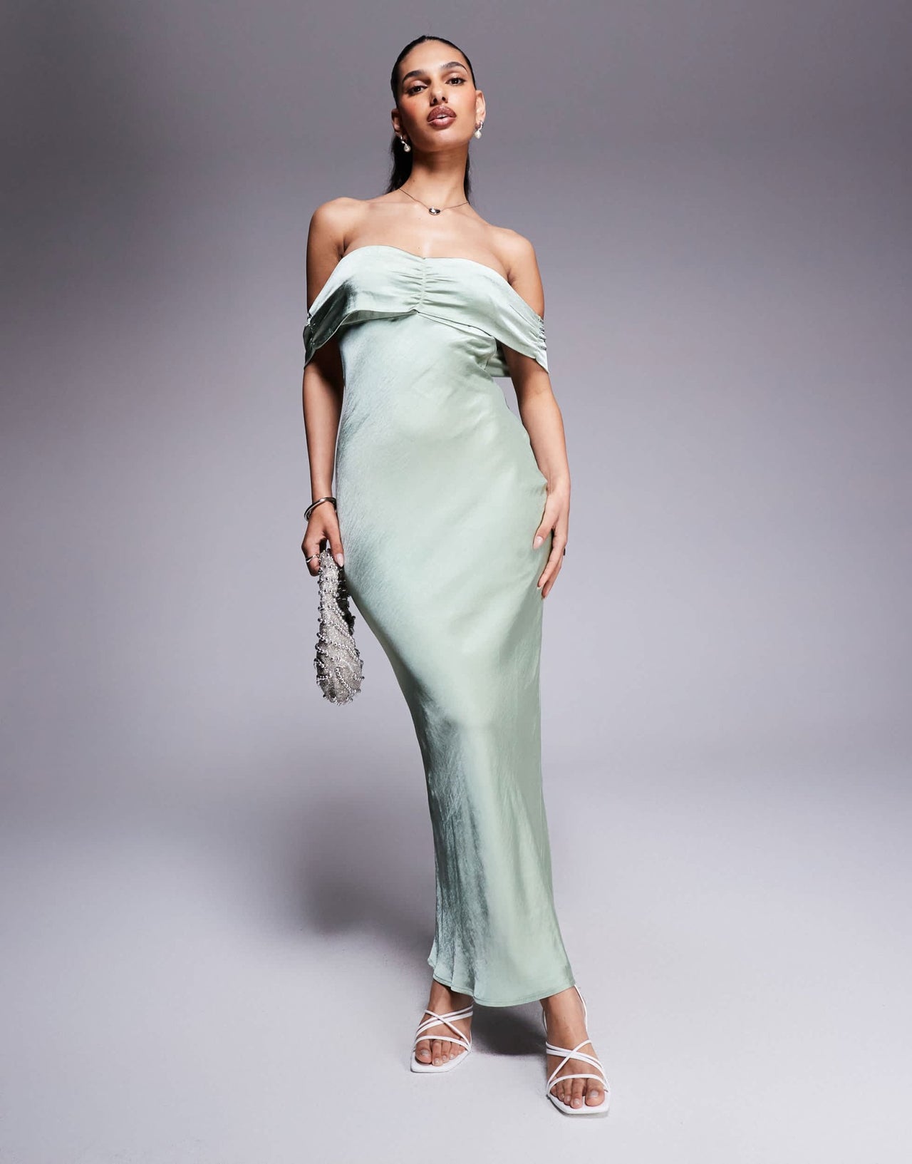 Princess Polly satin bardot ruched front detail maxi dress in sage