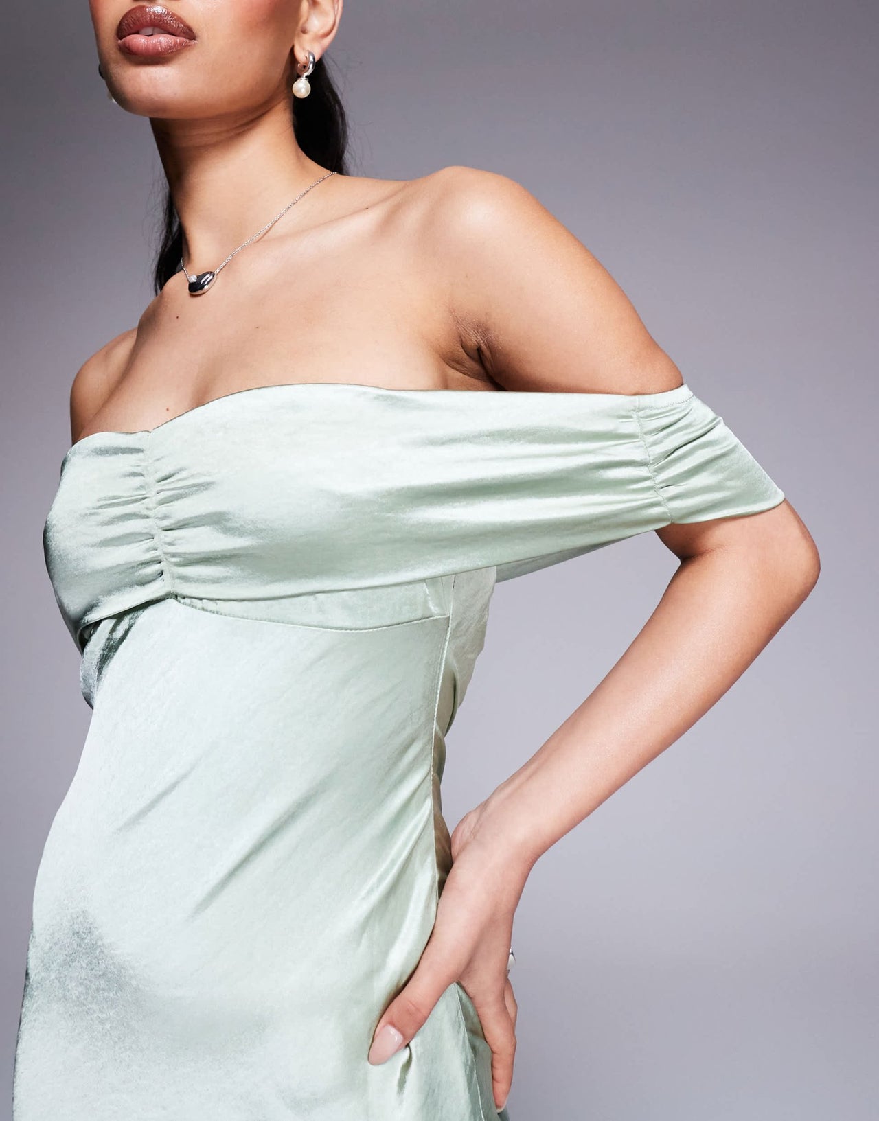 Princess Polly satin bardot ruched front detail maxi dress in sage - ASOS Sample Sale