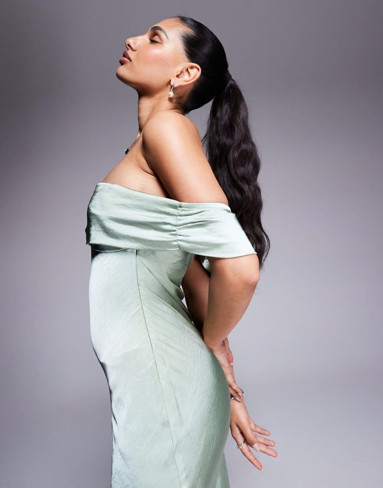 Princess Polly satin bardot ruched front detail maxi dress in sage - ASOS Sample Sale