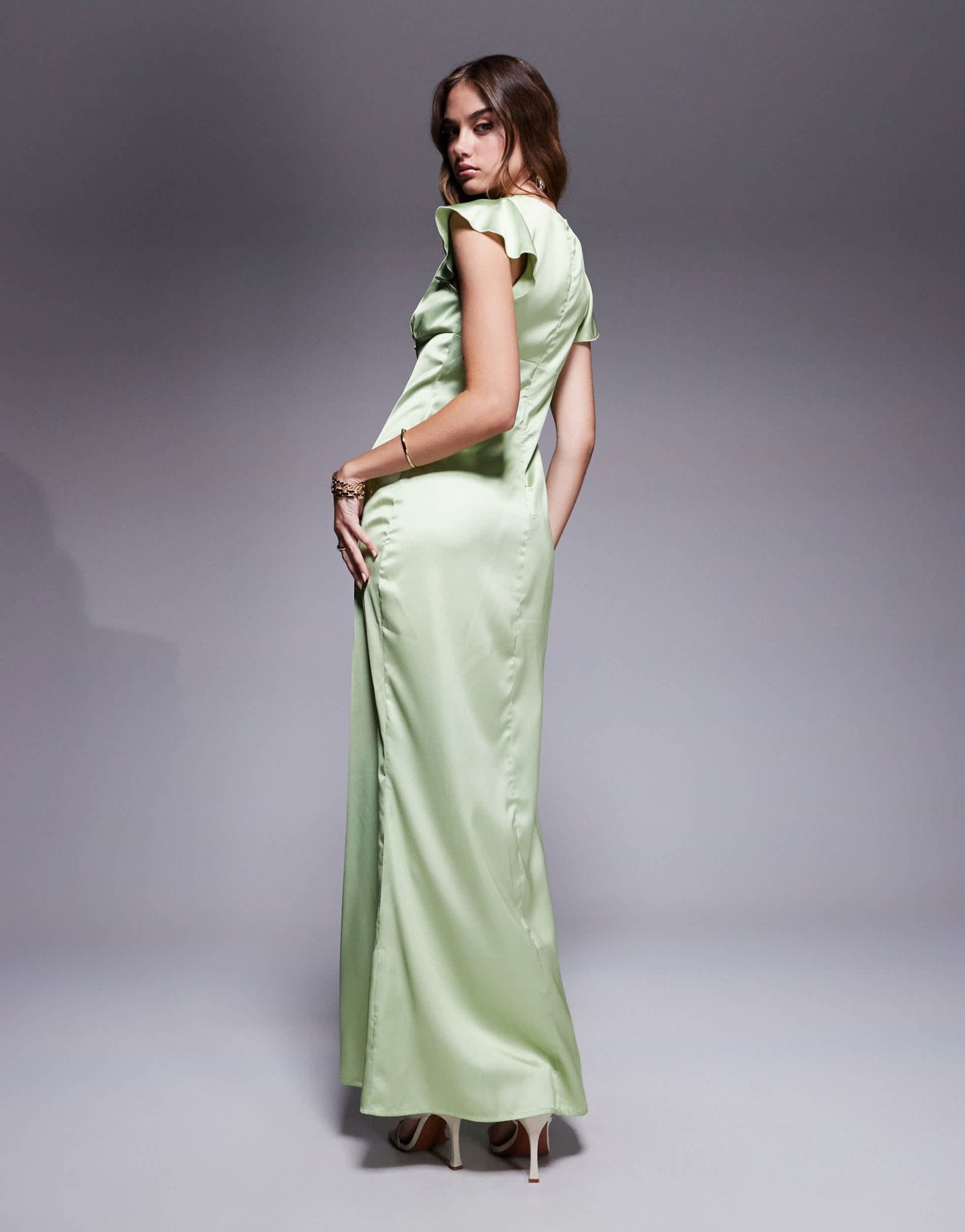 Princess Polly satin plunge lace trim flutter sleeve maxi dress in green - ASOS Sample Sale