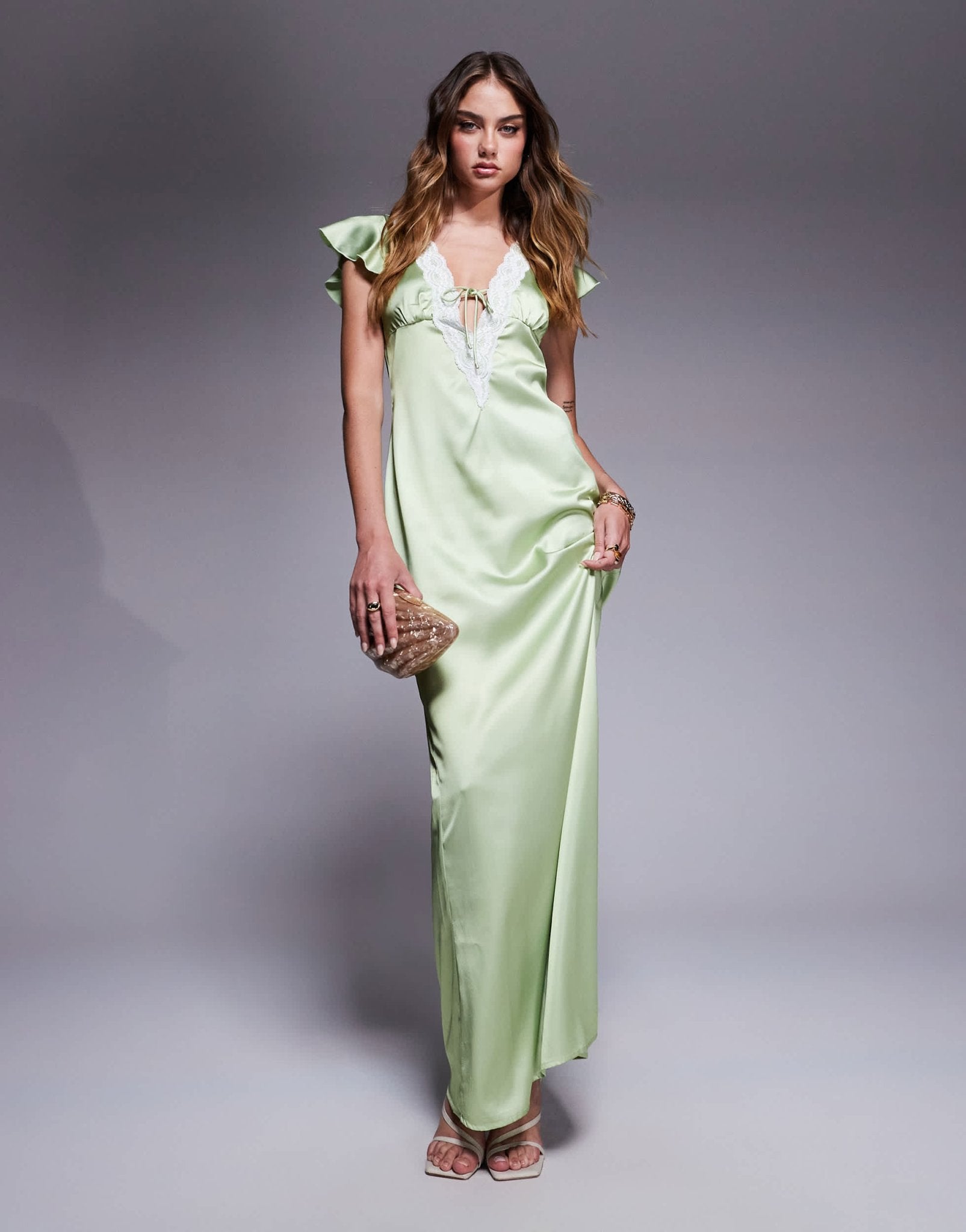 Princess Polly satin plunge lace trim flutter sleeve maxi dress in green - ASOS Sample Sale