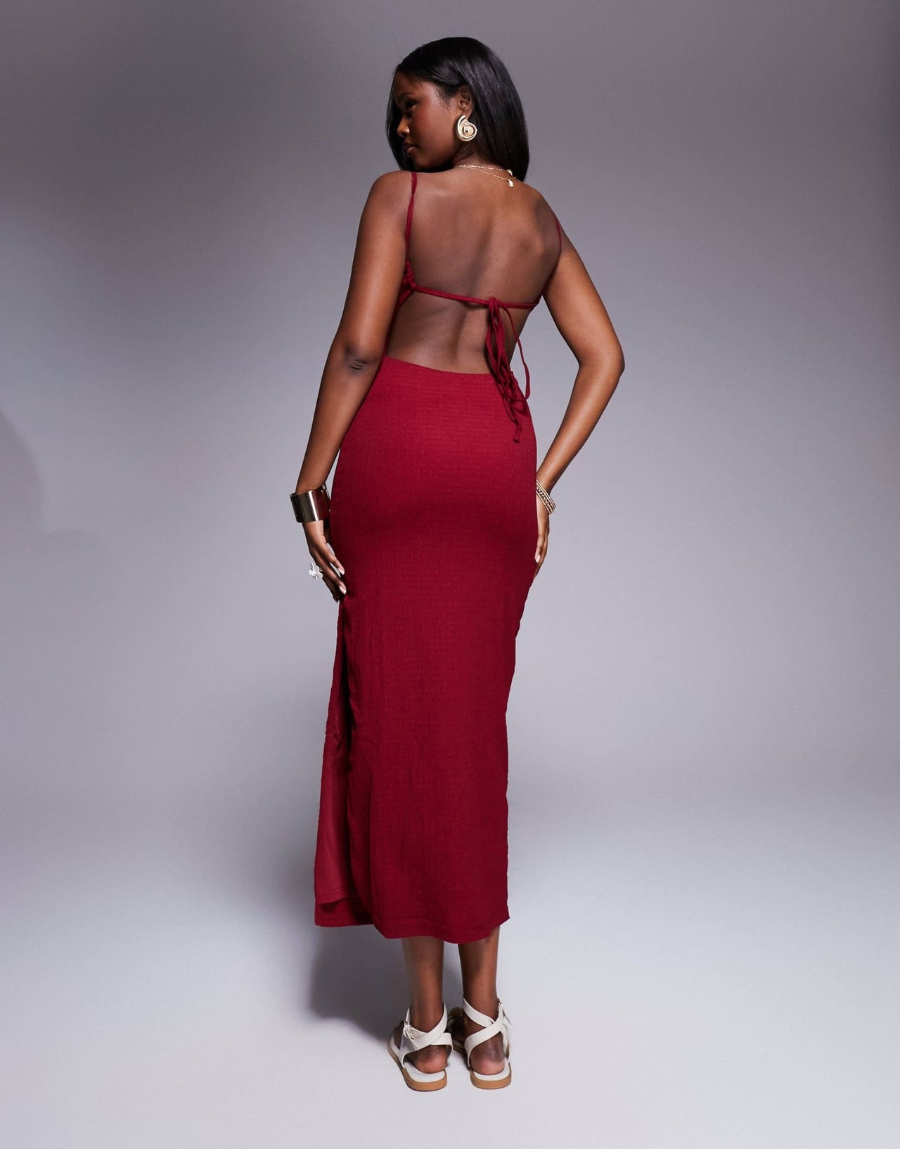 Princess Polly textured scoop neck open tie back bodycon midaxi dress in burgundy - ASOS Sample Sale